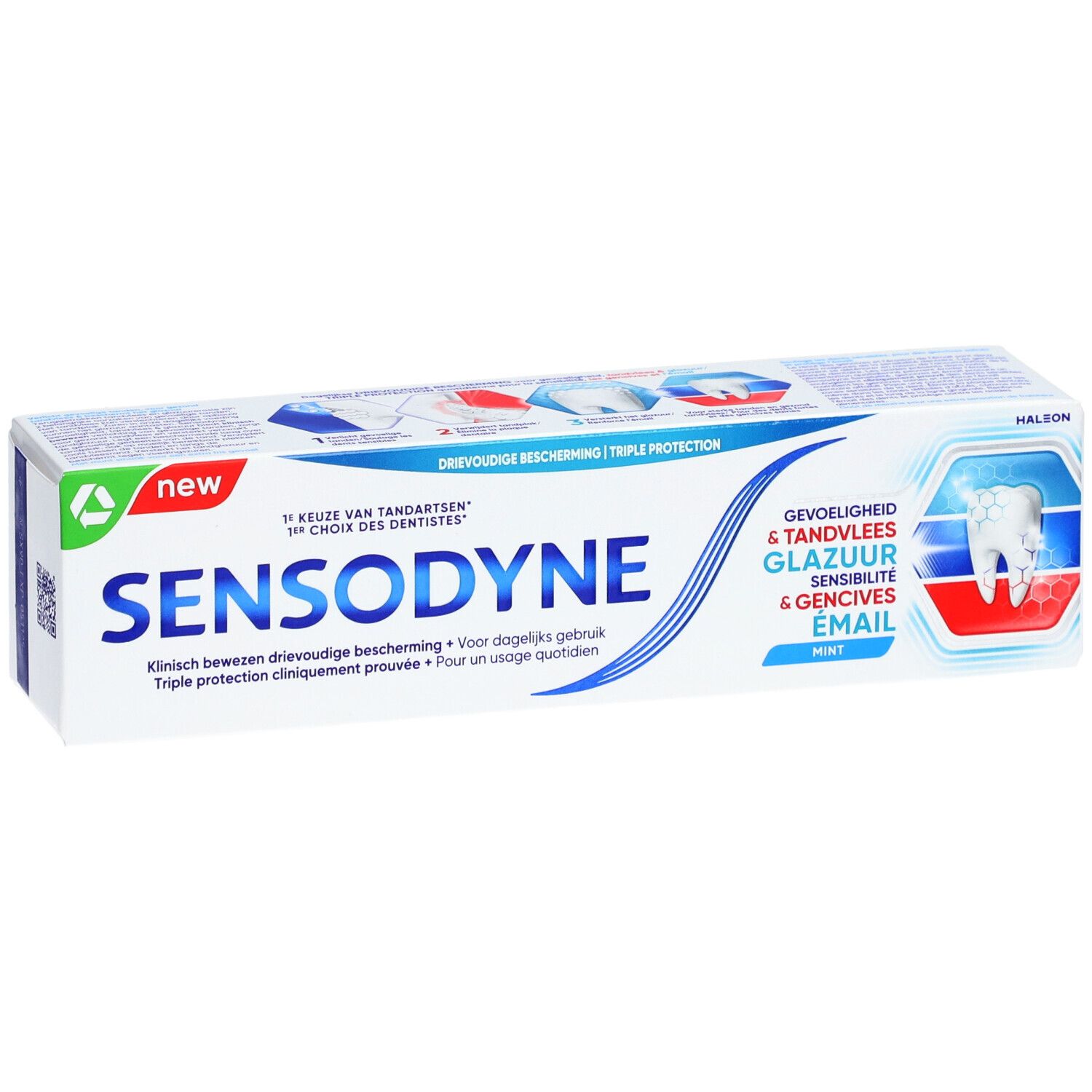 Sensodyne tandpastatube. Wit, blauw en groen. Opschrift: Sensodyne, mint. Drievoudige bescherming.