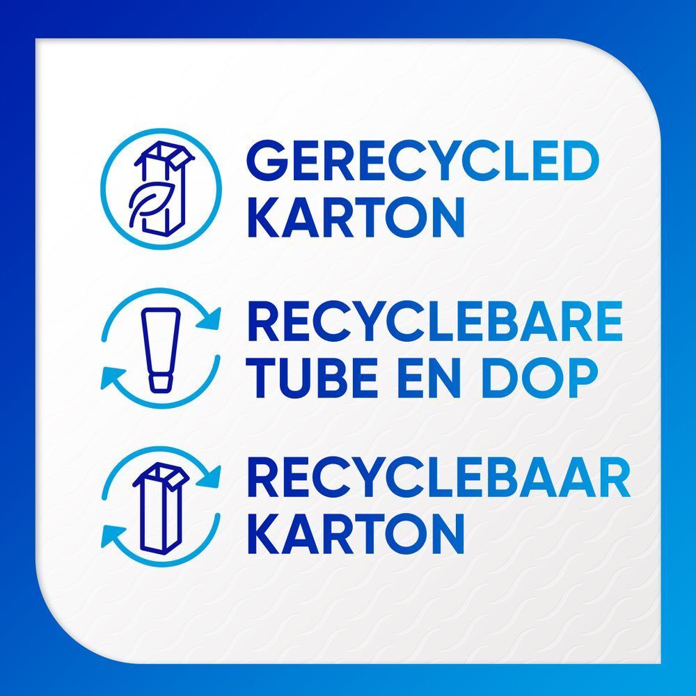 Drie symbolen: gerecycled karton, recyclebare tube en dop, recyclebaar karton.