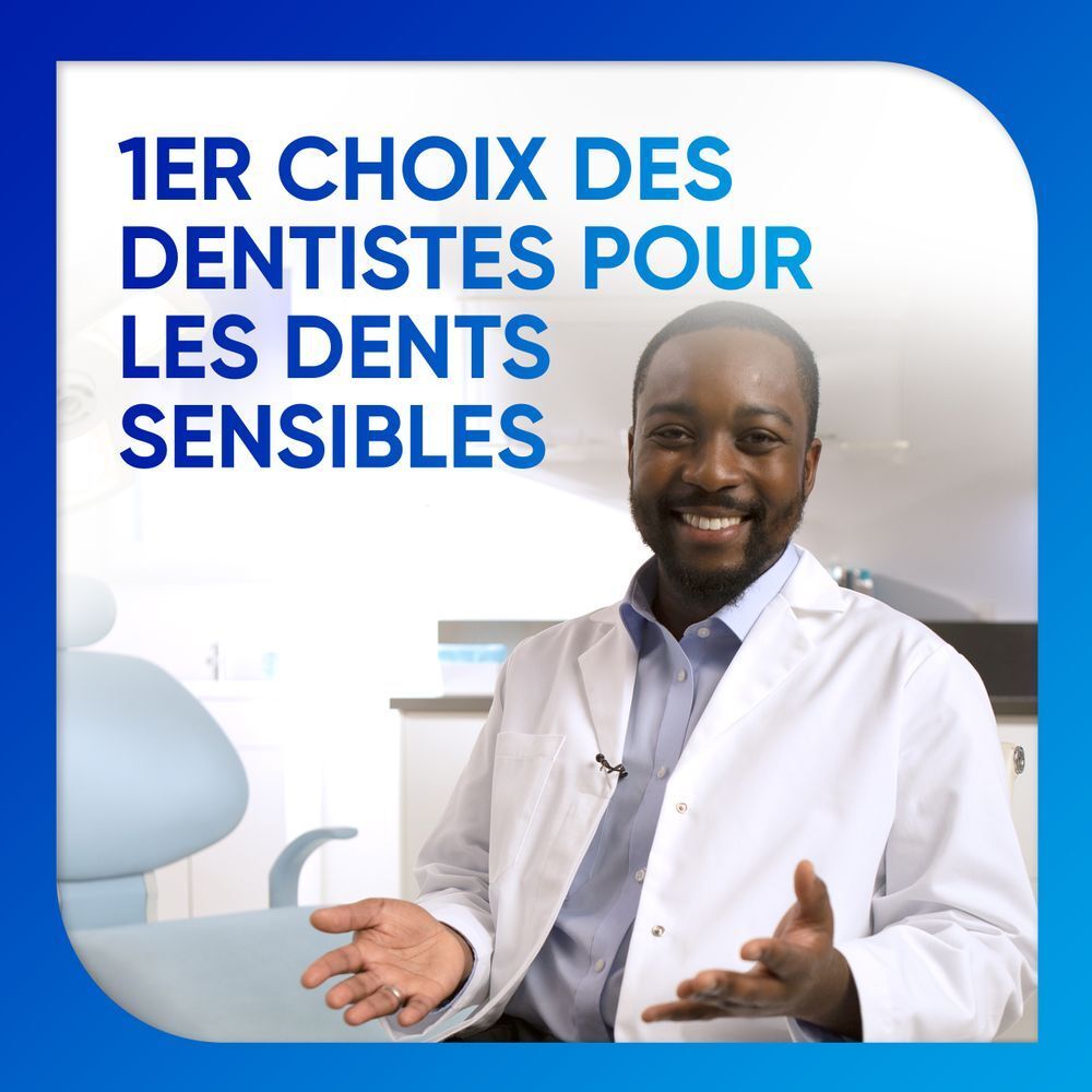 Médecin présente le produit. Texte: 1er choix des dentistes pour dents sensibles.