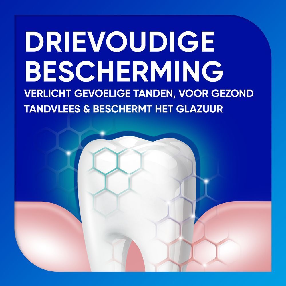 Tand met tandvlees. Tekst: Drievoudige bescherming. Verlicht gevoelige tanden, voor gezond tandvlees.