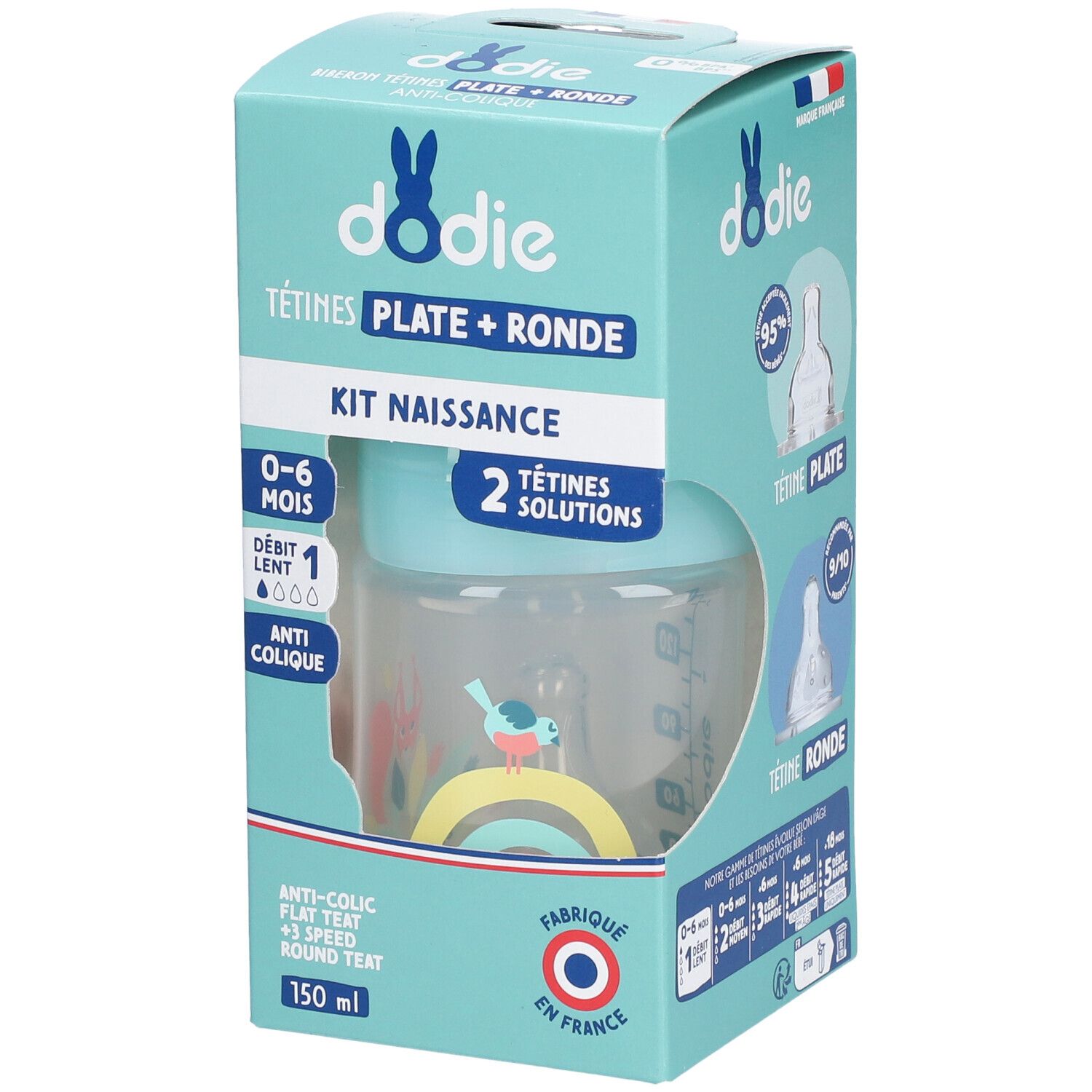 Babyflaschen-Set von Dodie. Hellblaue Verpackung mit Flasche und zwei Saugern. Text: Kit Naissance, Anti-Colic, 0-6 Monate.