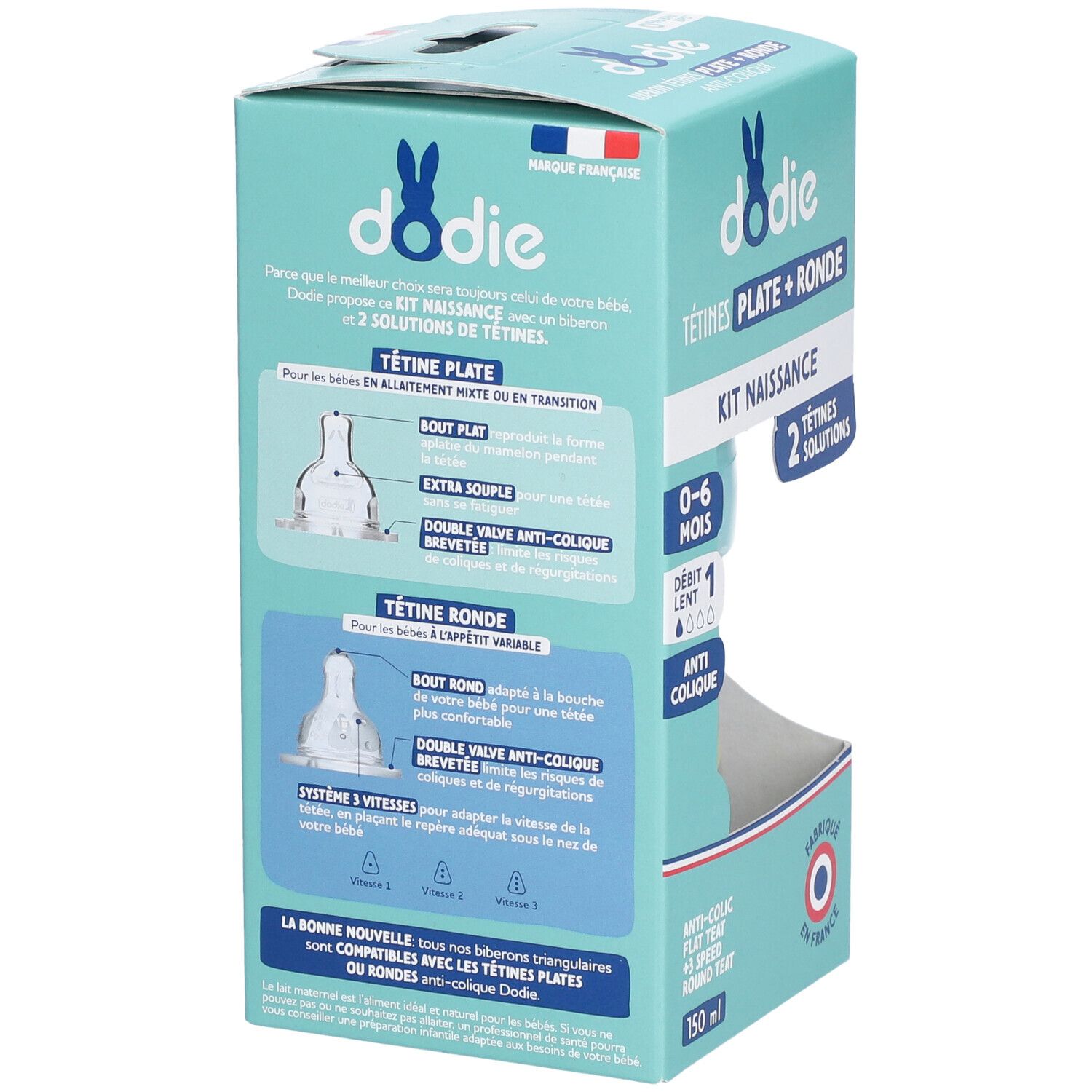 Rückseite der Dodie Kit Naissance Verpackung. Grafiken und Text zu den Saugern und deren Eigenschaften. Hergestellt in Frankreich.