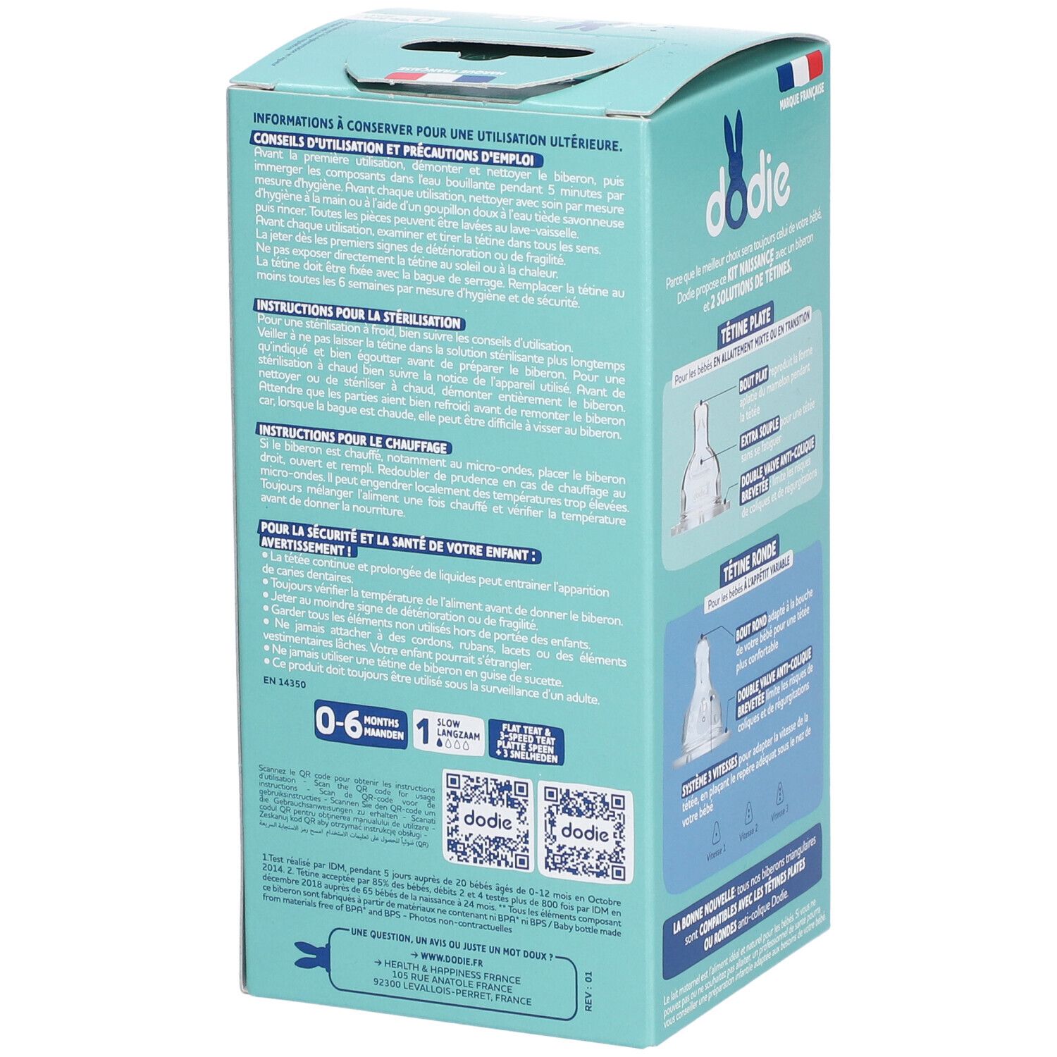 Seite der Dodie Kit Naissance Verpackung. Informationen zur Sterilisation und Erwärmung. QR-Codes und Text. Hergestellt in Frankreich.