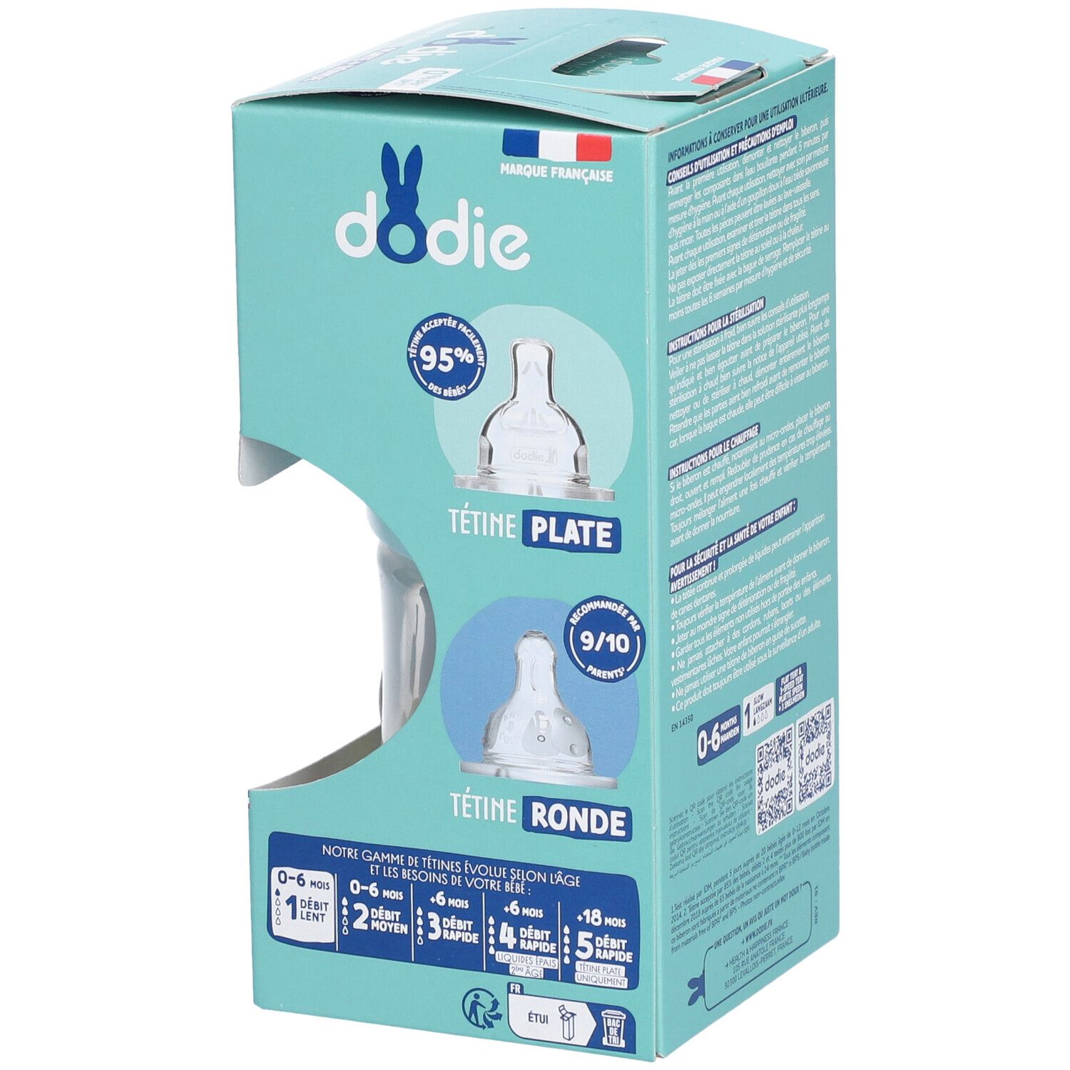 Dodie Kit Naissance Verpackung. Ansicht der Flasche und Sauger. Text: Tétine Plate, Tétine Ronde. 0-6 Monate.
