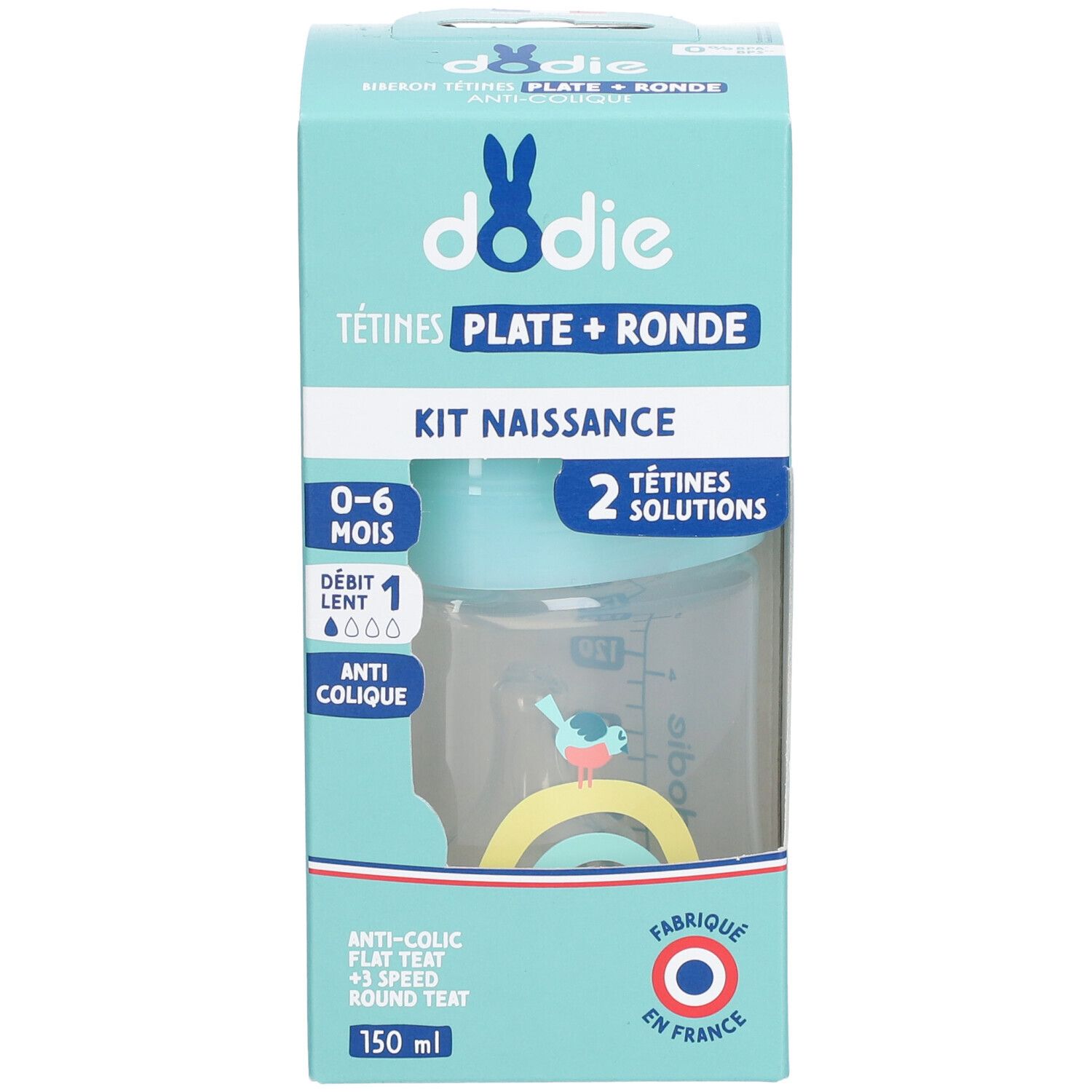 Dodie Kit Naissance Verpackung. Flasche mit blauem Deckel, zwei Saugern. Text: Anti-colic, 0-6 Monate, 150 ml. Hergestellt in Frankreich.