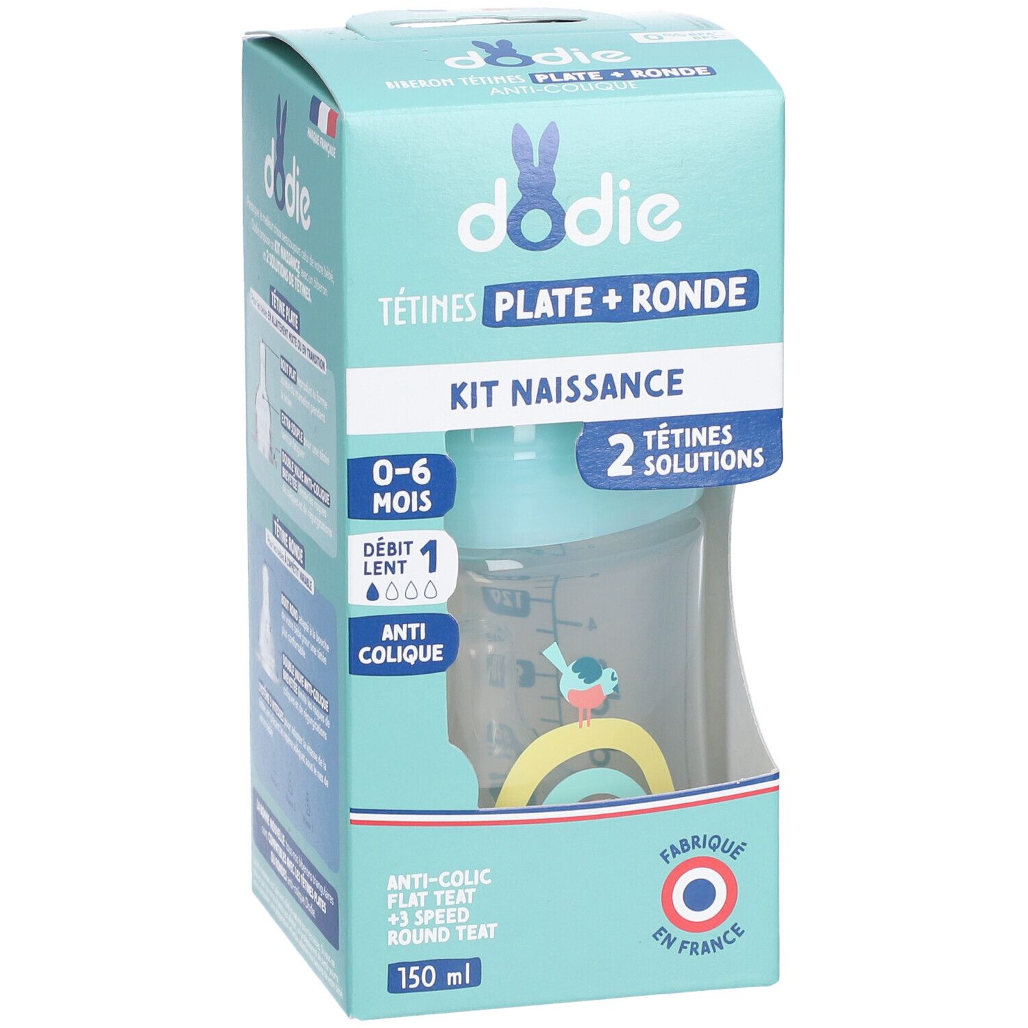 Dodie Kit Naissance Verpackung. Flasche mit blauem Deckel, zwei Saugern. Text: Anti-colic, 0-6 Monate, 150 ml. Hergestellt in Frankreich.