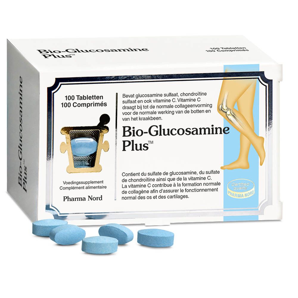 Doos "Bio-Glucosamine Plus". Blauwe tabletten ernaast. Pharma Nord.