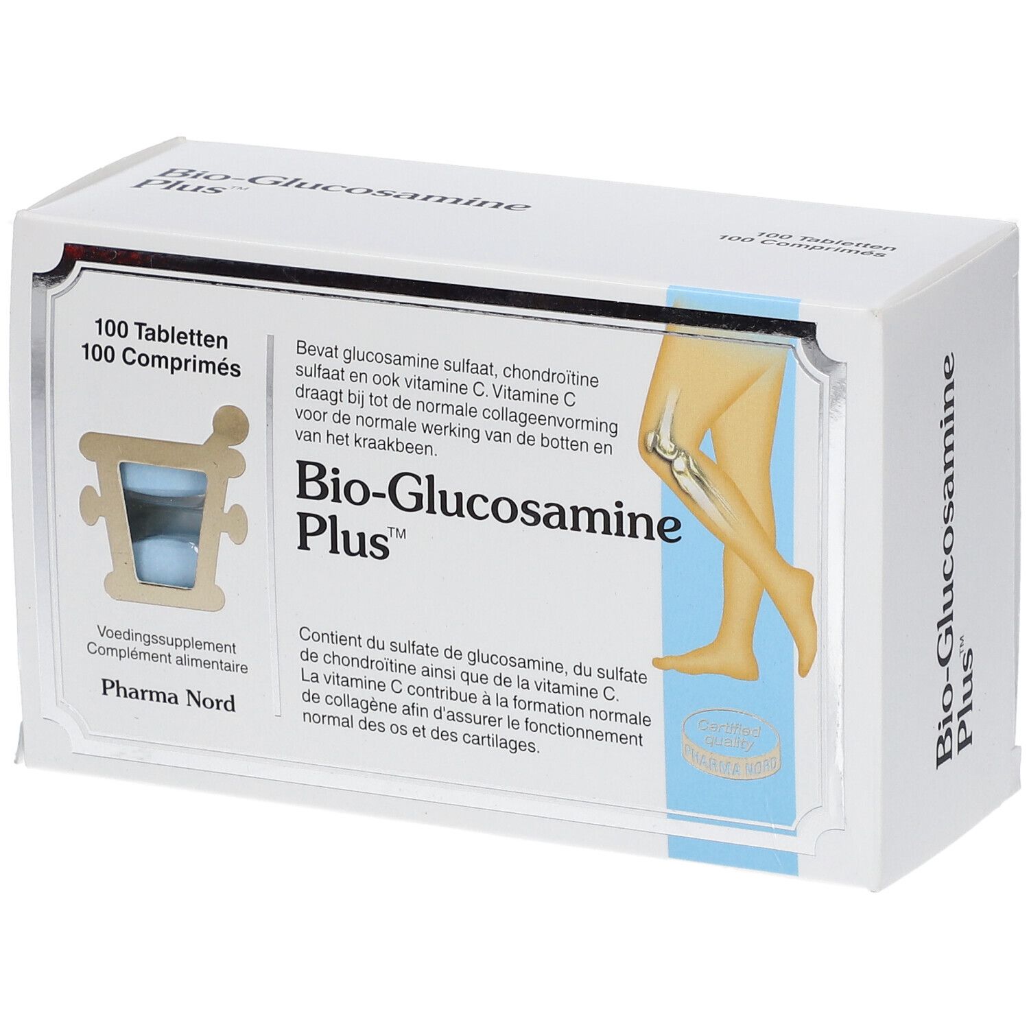 Doos "Bio-Glucosamine Plus", 100 tabletten. Illustratie van been en knie. Pharma Nord.
