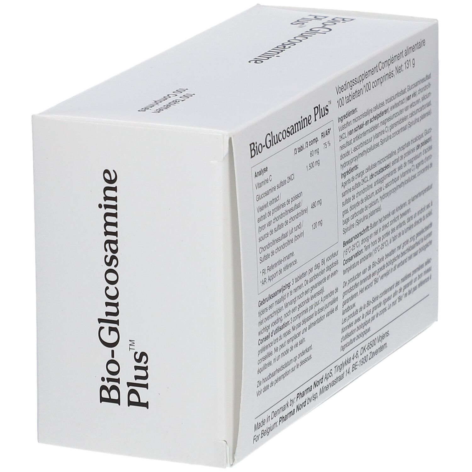 Doos "Bio-Glucosamine Plus". Tekst en ingrediënten. Pharma Nord. 131g.