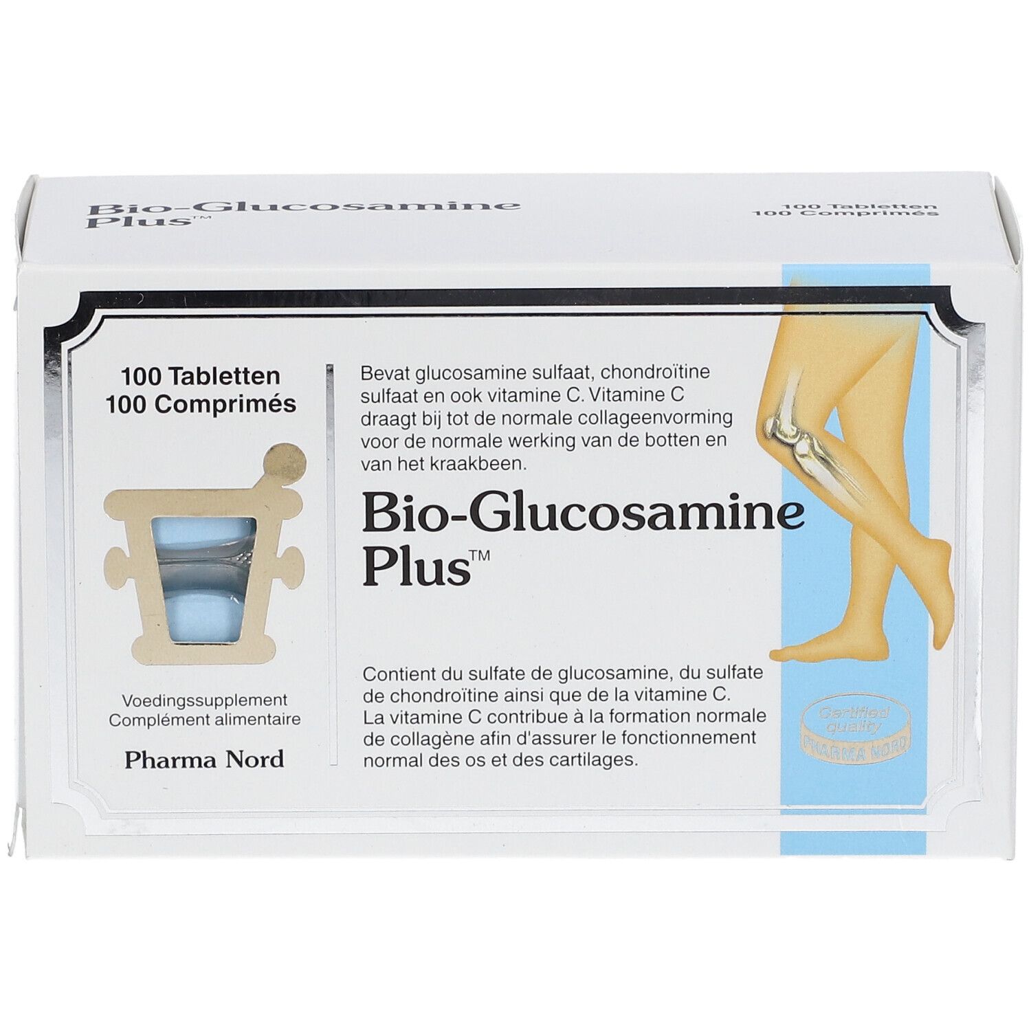 Doos "Bio-Glucosamine Plus", 100 tabletten. Illustratie van been en knie. Pharma Nord.