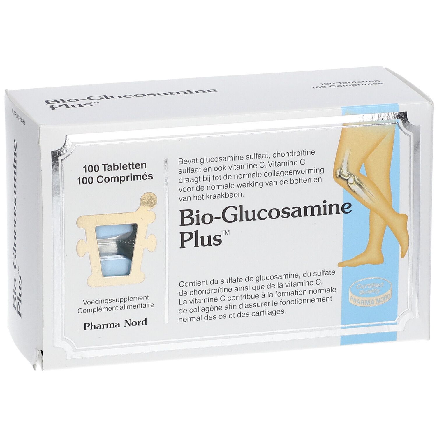 Doos "Bio-Glucosamine Plus", 100 tabletten. Illustratie van been en knie. Pharma Nord.
