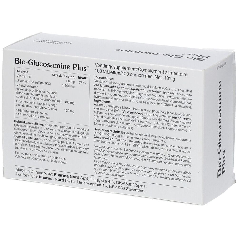Doos "Bio-Glucosamine Plus". Tekst en ingrediënten. Pharma Nord. 131g.