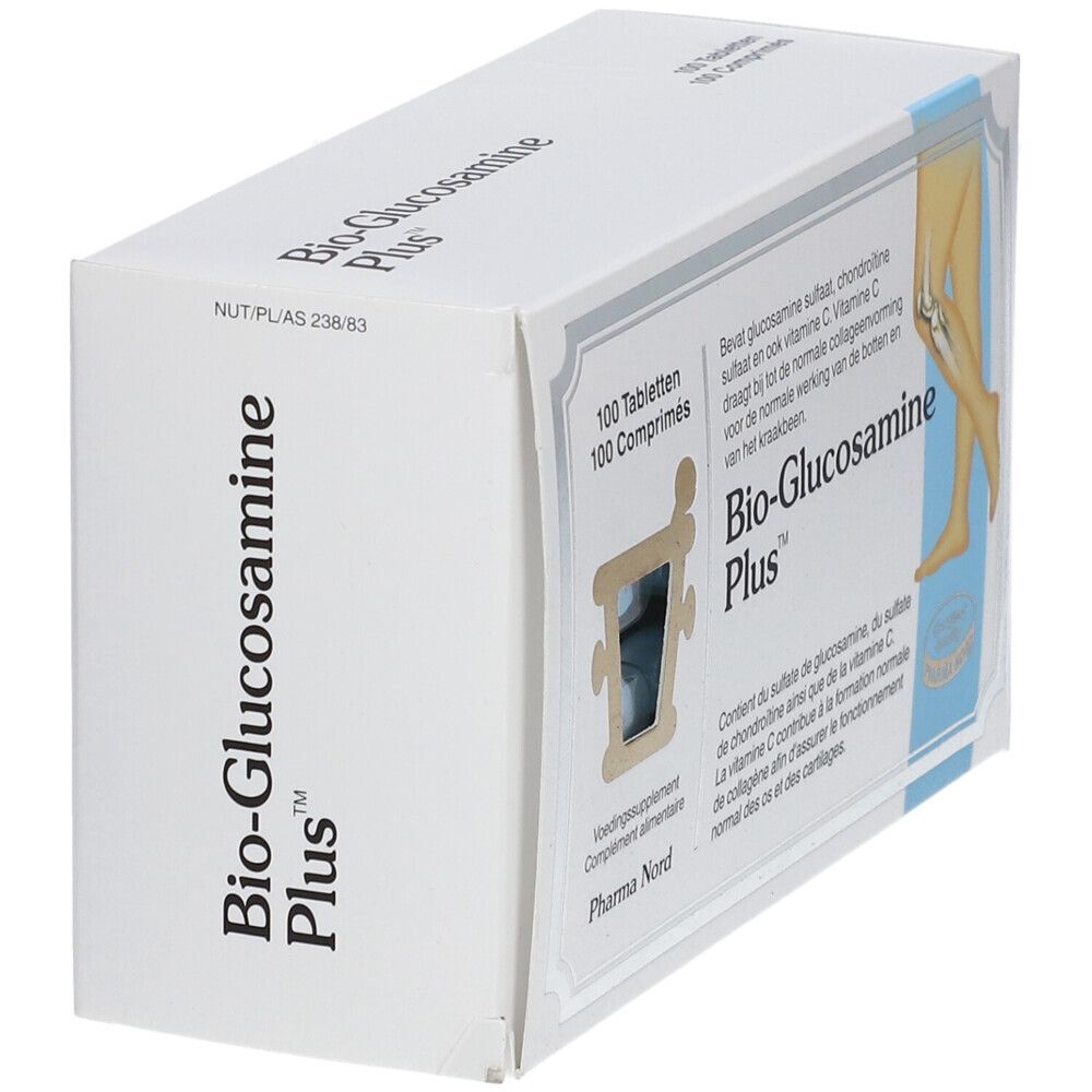 Doos "Bio-Glucosamine Plus", 100 tabletten. Illustratie van been en knie. Pharma Nord.