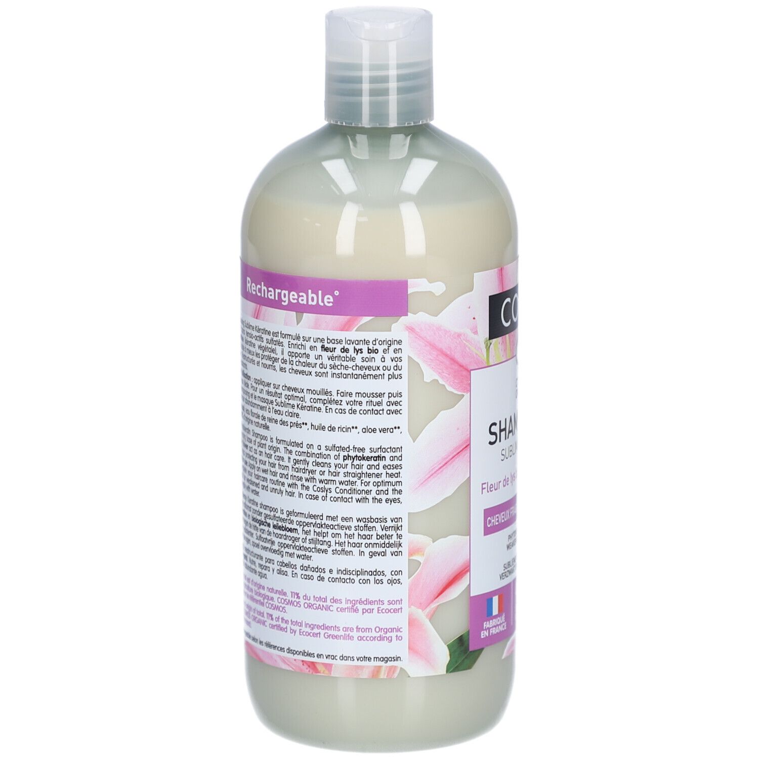Rückseite der Shampoo-Flasche. Text: Rechargeable. Inhaltsstoffe und Anwendungshinweise. Mit Bio-Siegel und Blumenmuster.