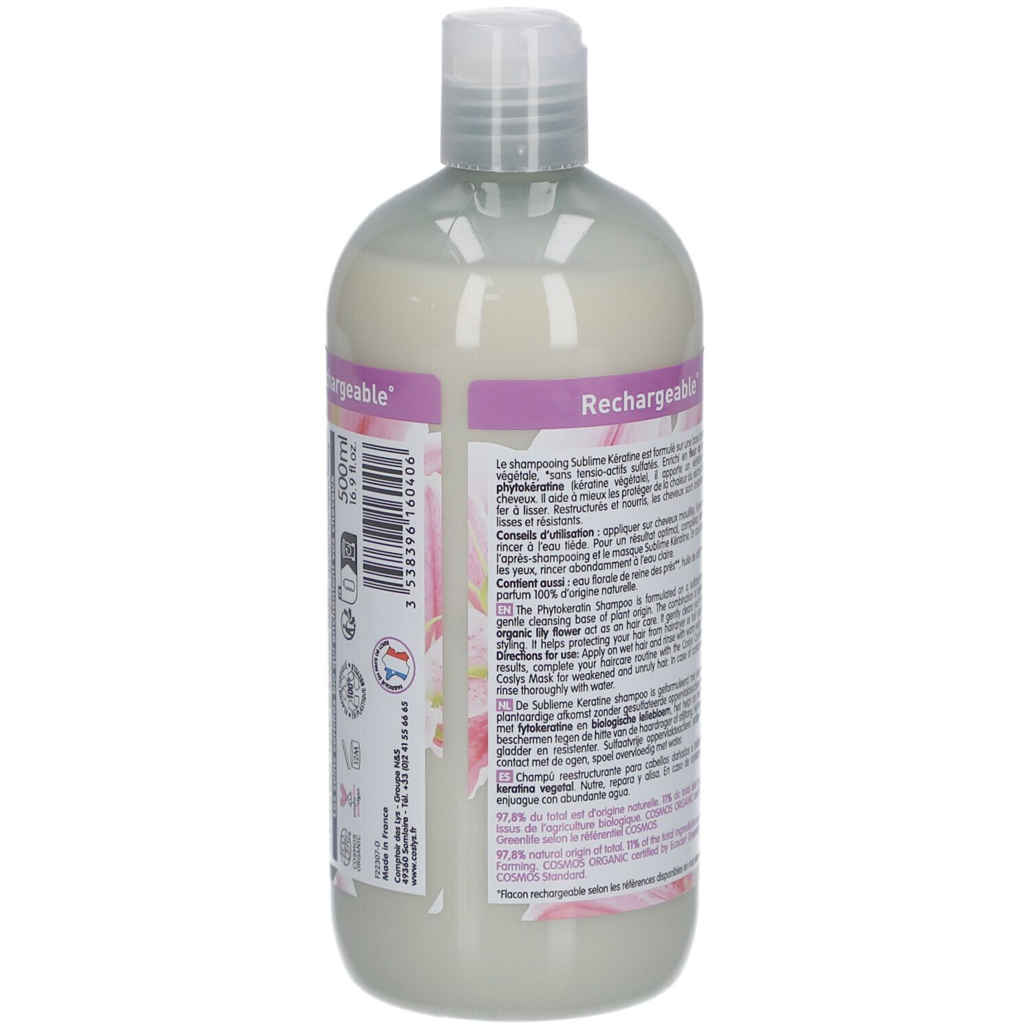 Rückseite der Shampoo-Flasche. Text: 500ml. Inhaltsstoffe und Anwendungshinweise. Mit Bio-Siegel und Blumenmuster.