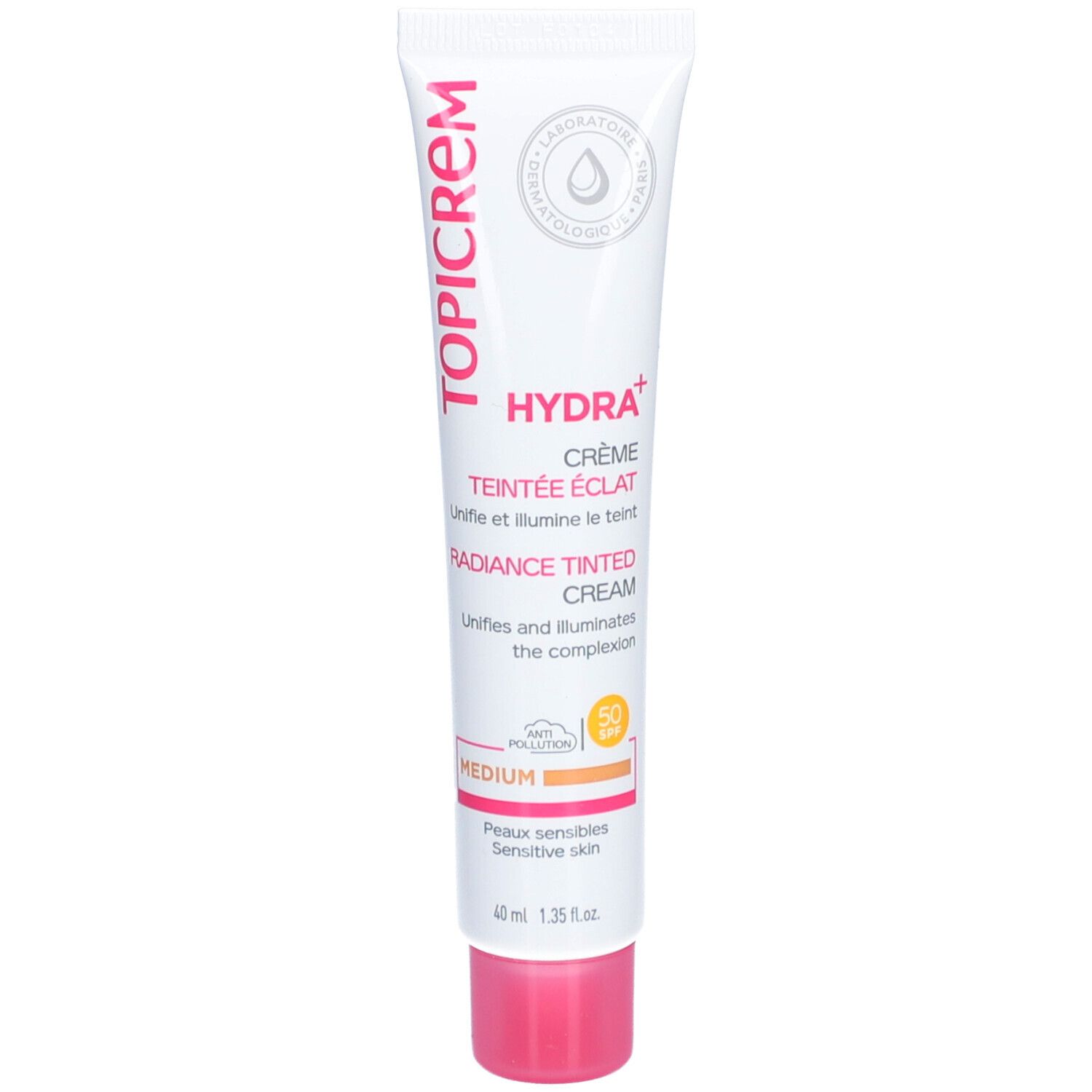 Tube Topicrem Hydra+ Crème Teintée Éclat Medium. Tube blanc, bouchon rose. Texte: Hydra+, Crème Teintée Éclat, Medium.
