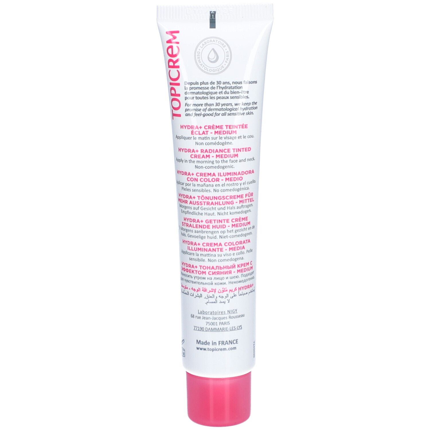 Dos du tube Topicrem Hydra+ Crème Teintée Éclat Medium. Texte multilingue. Bouchon rose.