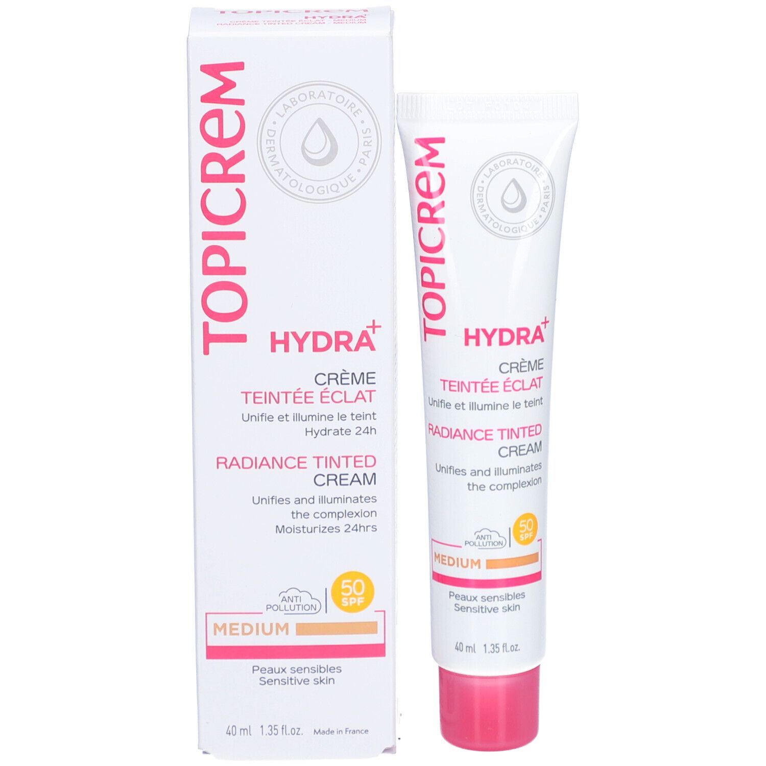 Tube et boîte Topicrem Hydra+ Crème Teintée Éclat Medium. Boîte et tube blancs. Texte: Hydra+, Crème Teintée Éclat, Medium.