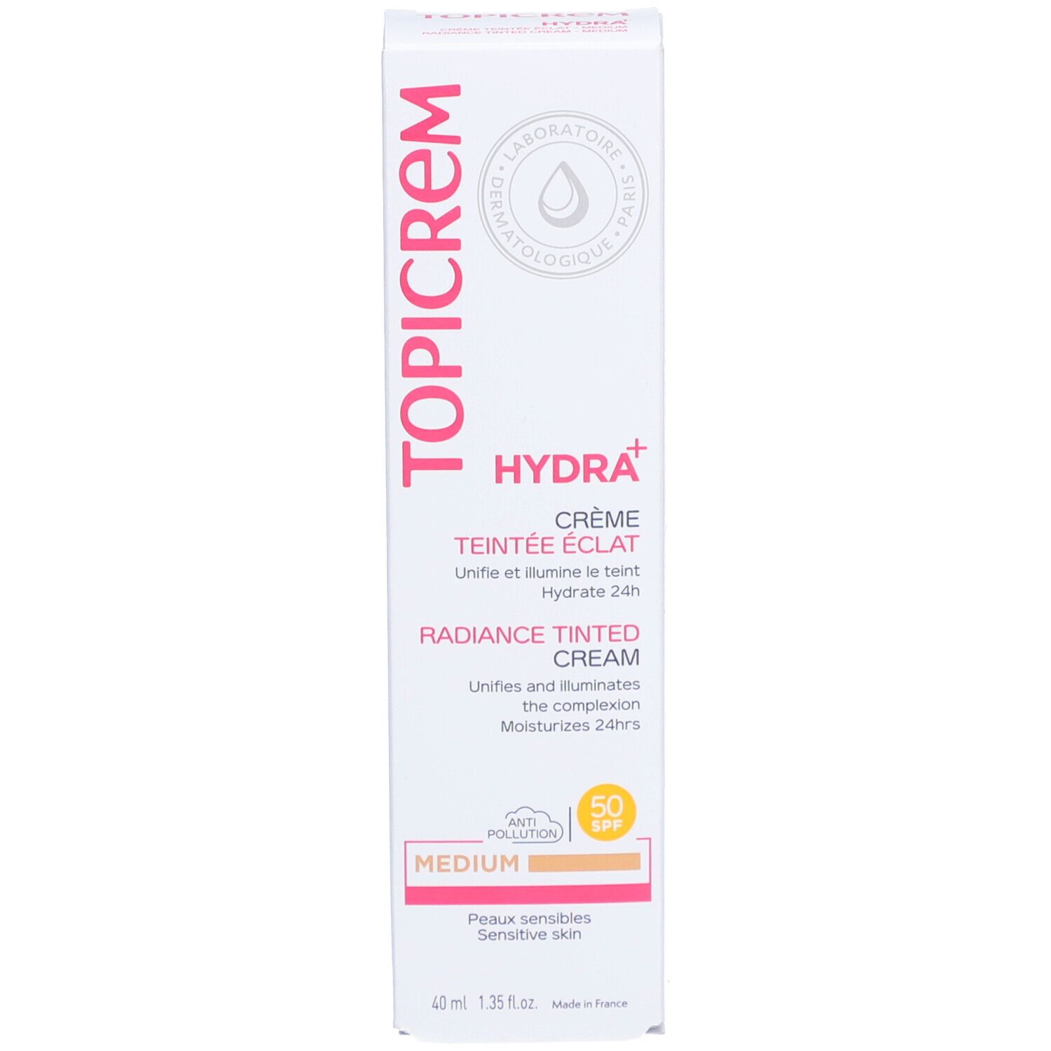 Boîte Topicrem Hydra+ Crème Teintée Éclat Medium. Boîte blanche. Texte: Hydra+, Crème Teintée Éclat, Medium.