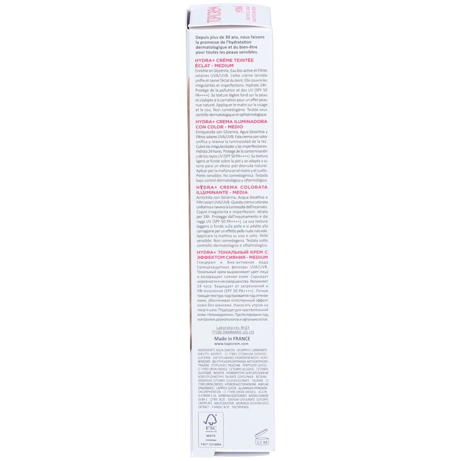 Dos de la boîte Topicrem Hydra+ Crème Teintée Éclat Medium. Texte multilingue. Boîte blanche.