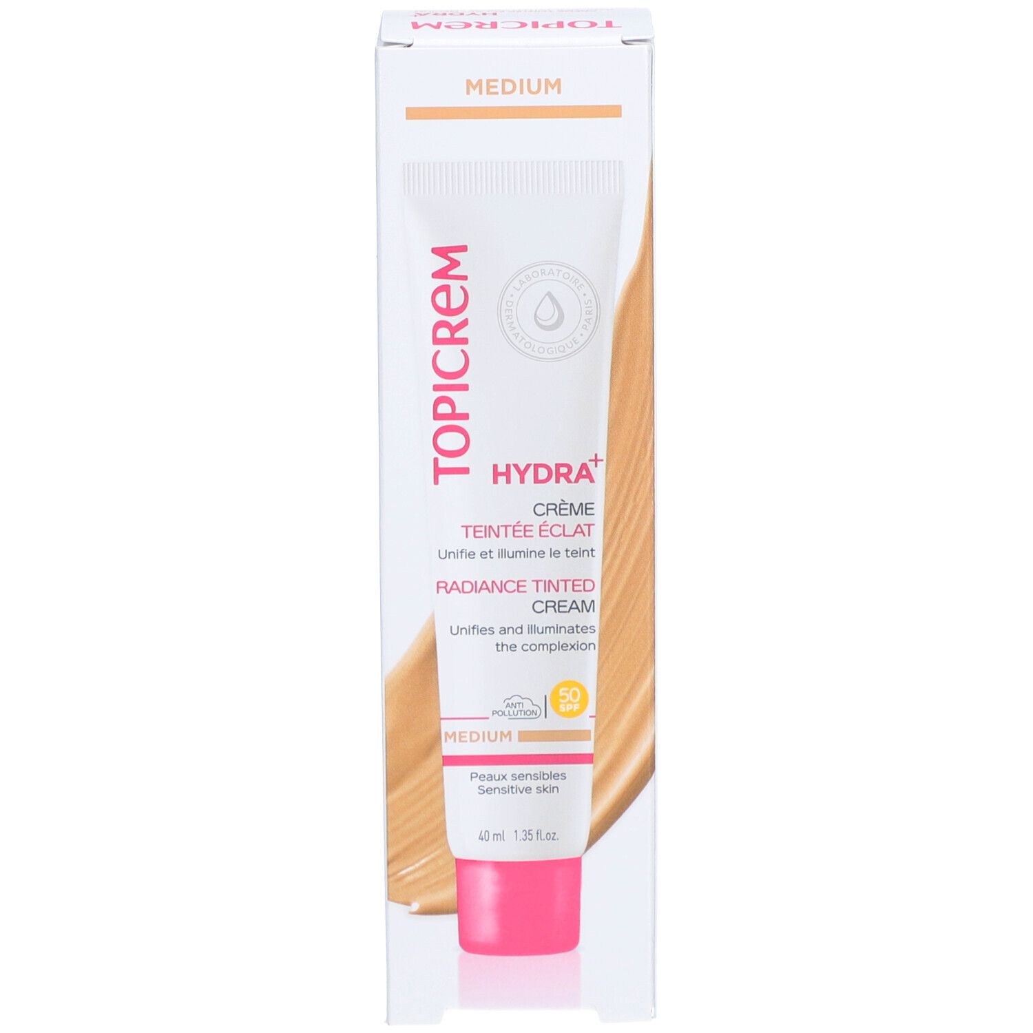 Boîte et tube Topicrem Hydra+ Crème Teintée Éclat Medium. Boîte et tube avec produit. Texte: Medium.