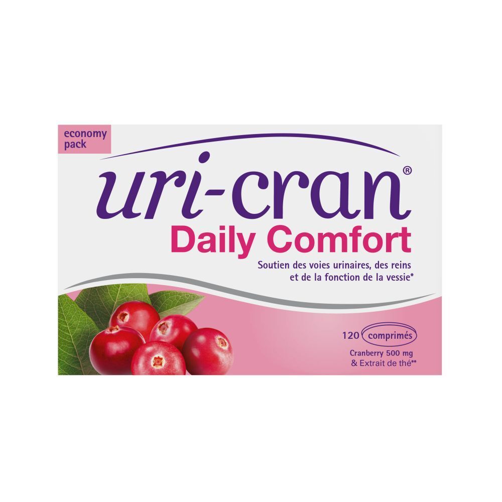 Boîte de Uri-cran® Daily Comfort. Contient 120 comprimés. Illustration de canneberges et feuilles.