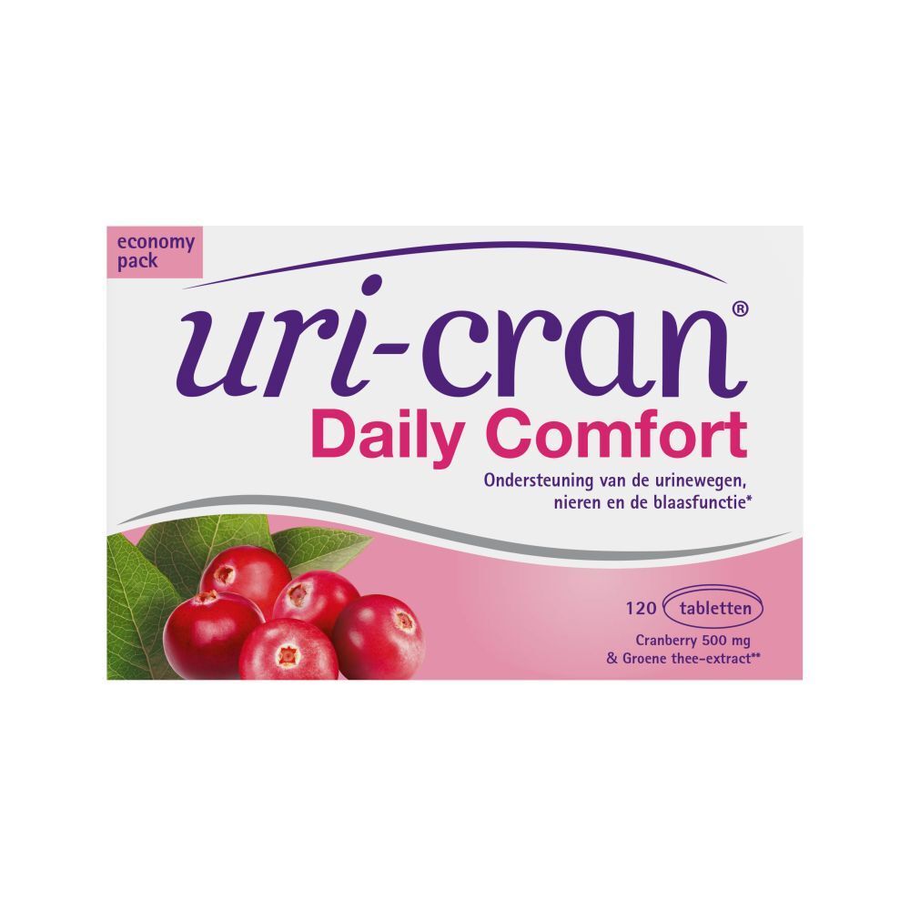 Verpakking van Uri-cran® Daily Comfort. Bevat 120 tabletten. Afbeelding van cranberry's en bladeren.