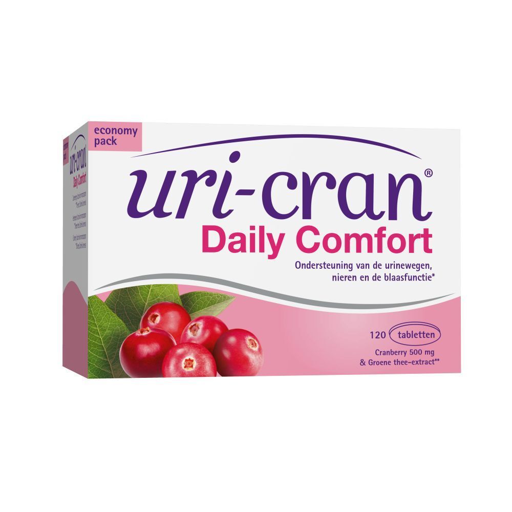 Verpakking van Uri-cran® Daily Comfort. Bevat 120 tabletten. Afbeelding van cranberry's en bladeren.
