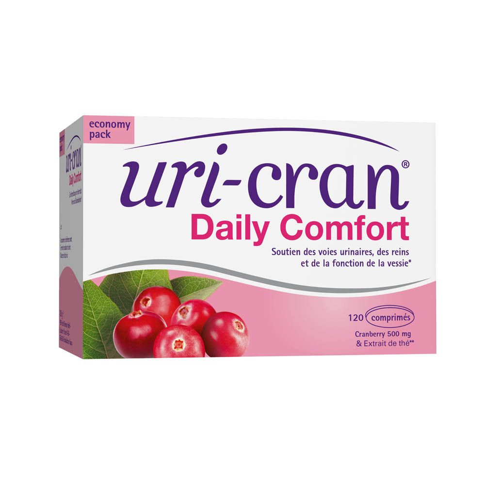 Verpakking van Uri-cran® Daily Comfort. Bevat 120 tabletten. Afbeelding van cranberry's en bladeren.