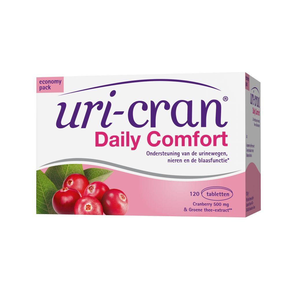 Verpakking van Uri-cran® Daily Comfort. Bevat 120 tabletten. Afbeelding van cranberry's en bladeren.