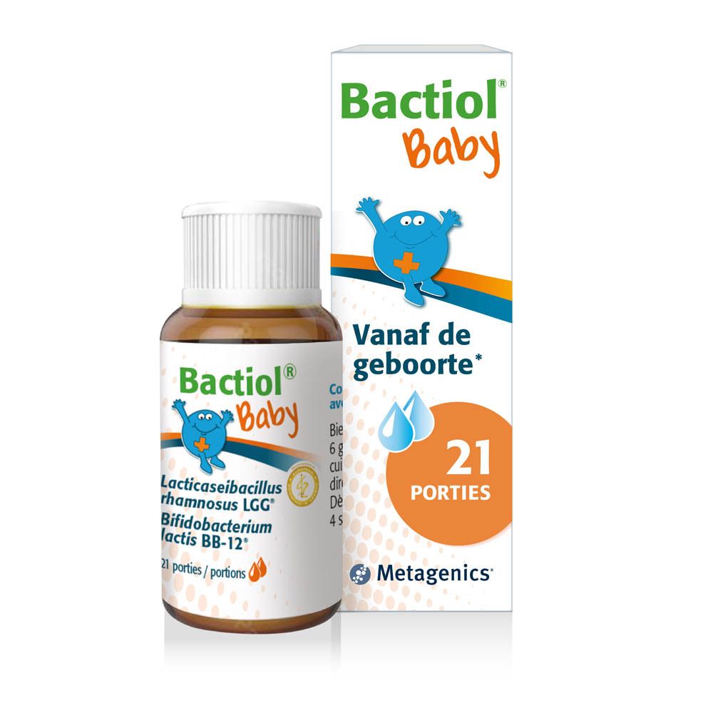Produktverpackung mit Flasche und Schachtel. Auf der Schachtel steht Bactioli Baby und weitere Informationen.
