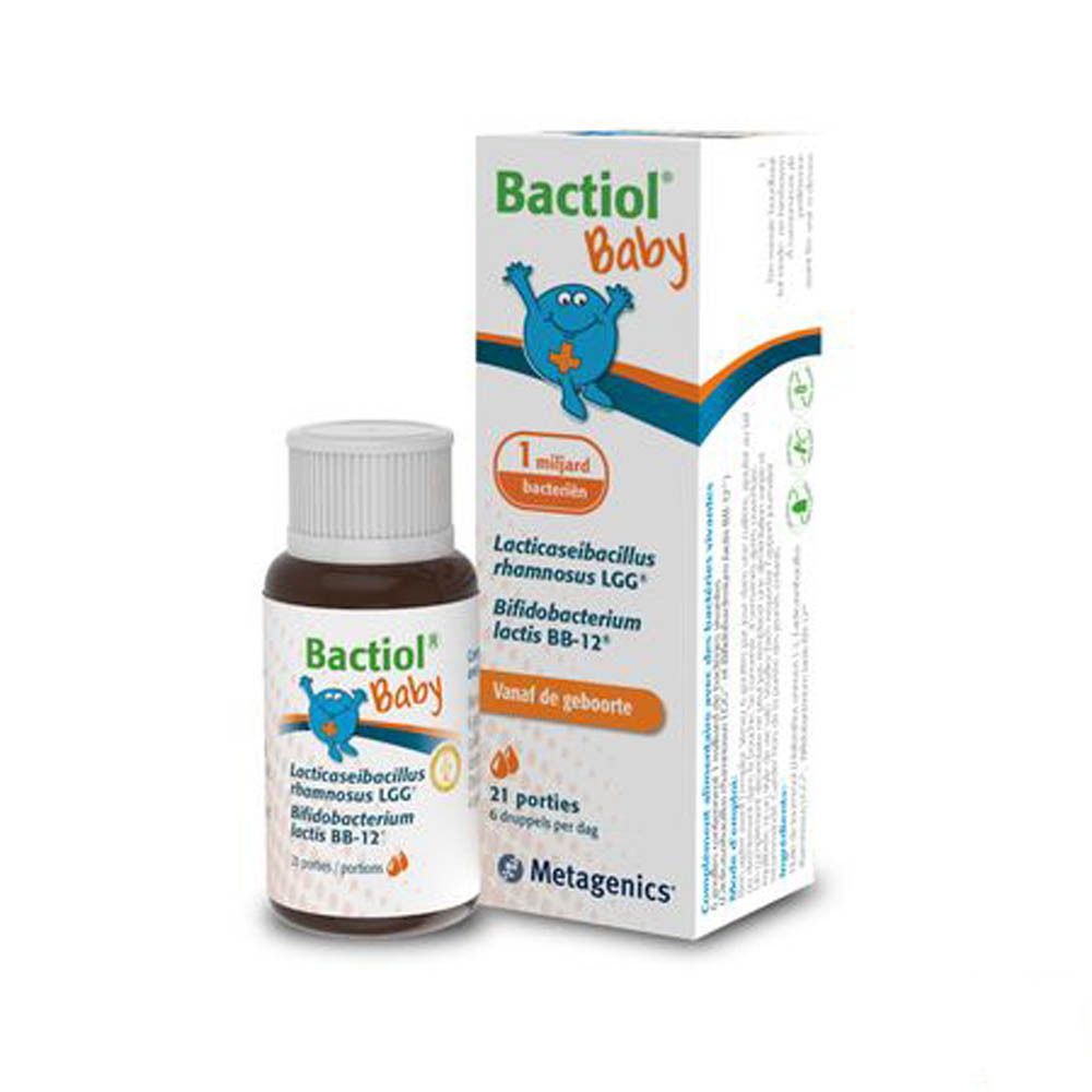 Product BACTIOL® Baby met verpakking. Fles en verpakking met naam en ingrediënten.