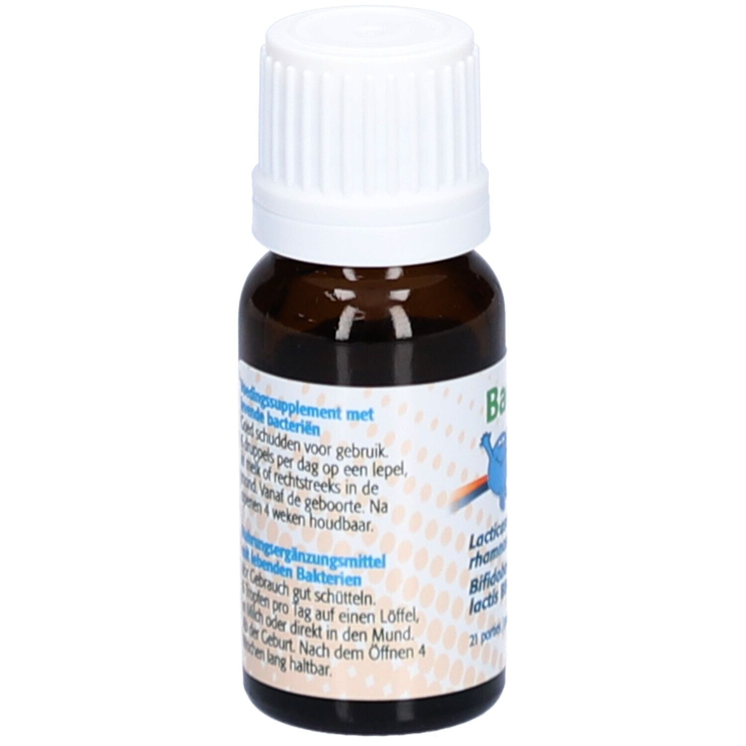 Bruine fles met witte dop. Etiket met productinformatie en ingrediënten.