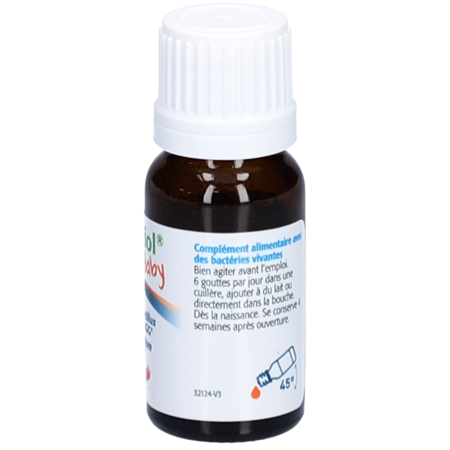 Bruine fles met witte dop. Etiket met productinformatie en ingrediënten.