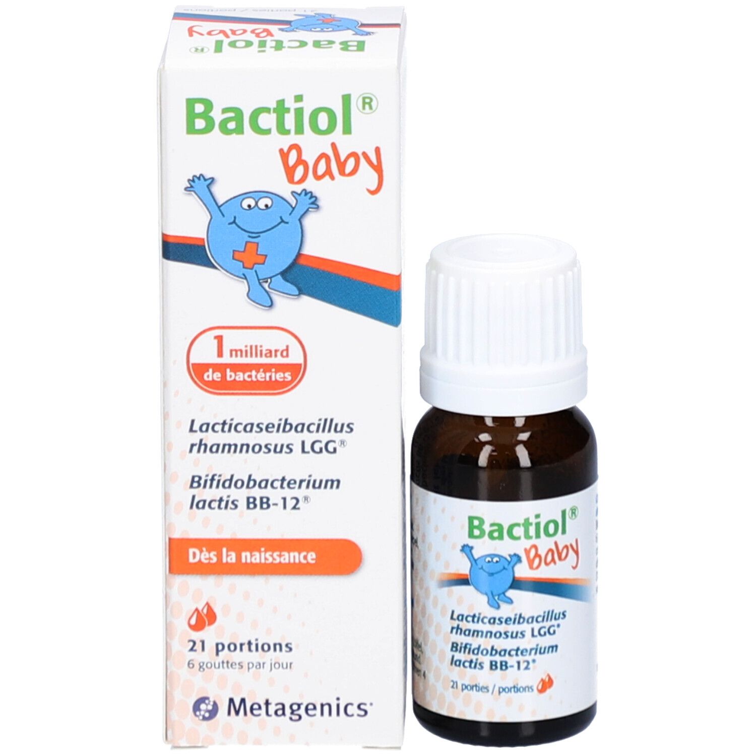 Bruine fles en verpakking. Opschrift BACTIOL® Baby, 1 miljard bacteriën, ingrediënten.