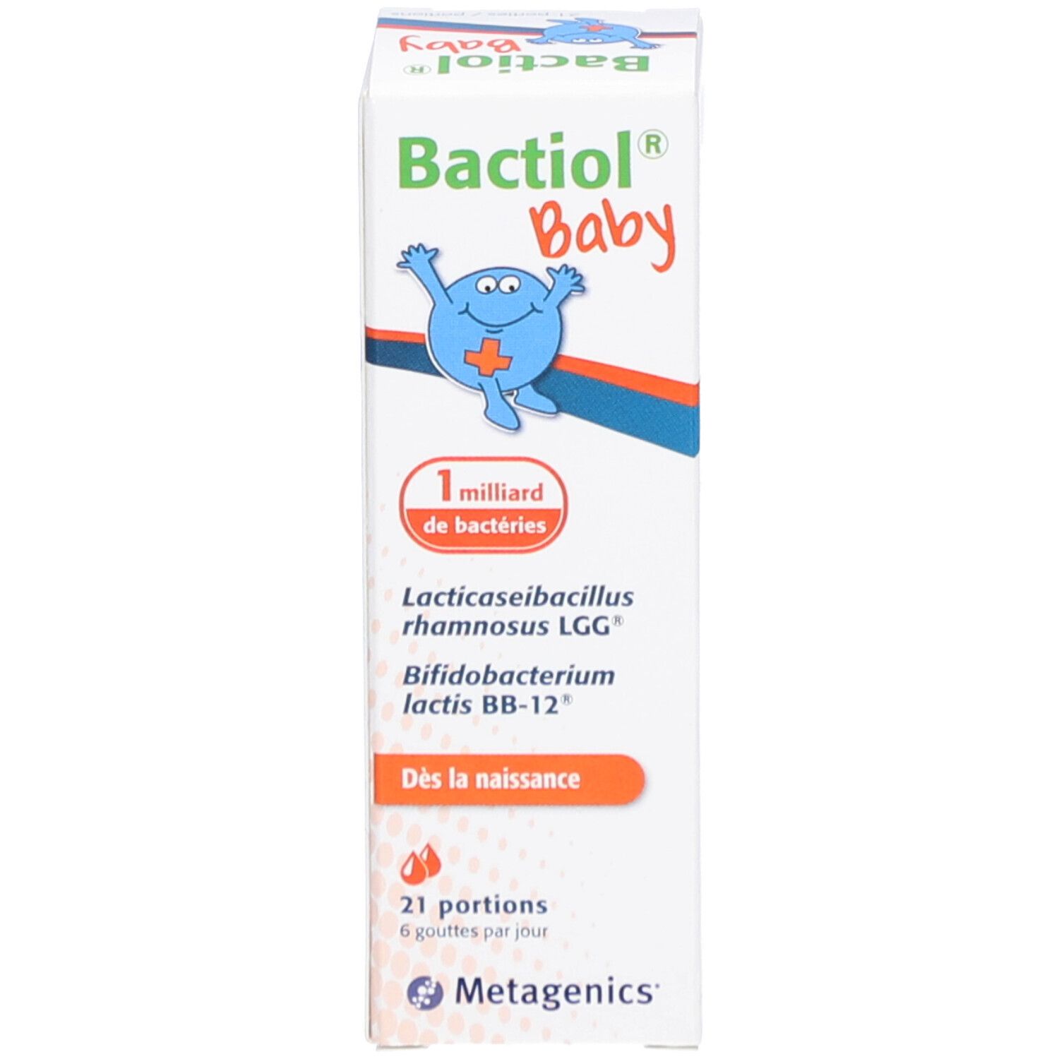 Verpakking met productnaam BACTIOL® Baby, 1 miljard bacteriën, ingrediënten.