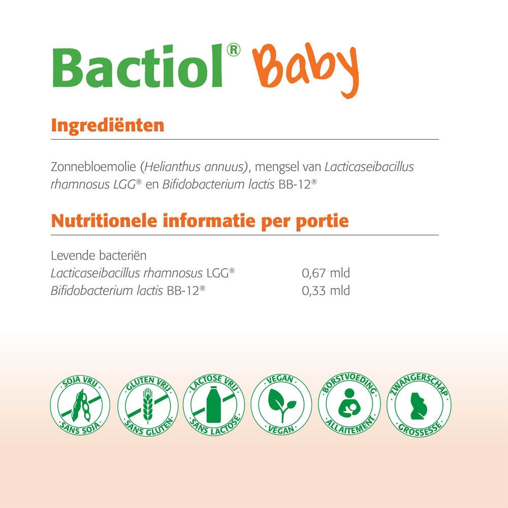 Product BACTIOL® Baby met verpakking. Fles en verpakking met naam en ingrediënten.
