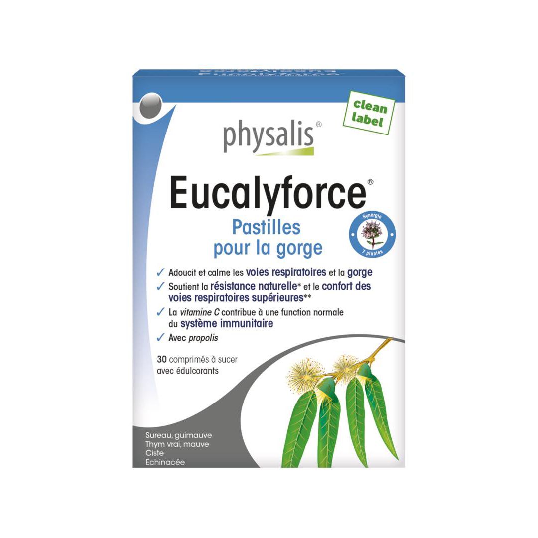 Boîte de pastilles Physalis Eucalyforce pour la gorge. 30 pastilles avec édulcorants. Avec propolis.