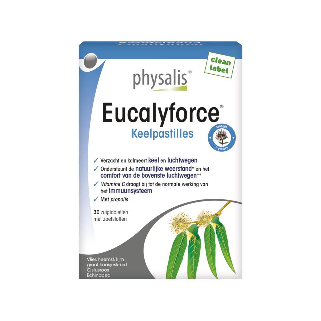 Verpakking Physalis Eucalyforce keelpastilles. 30 zuigtabletten met zoetstoffen. Met propolis.