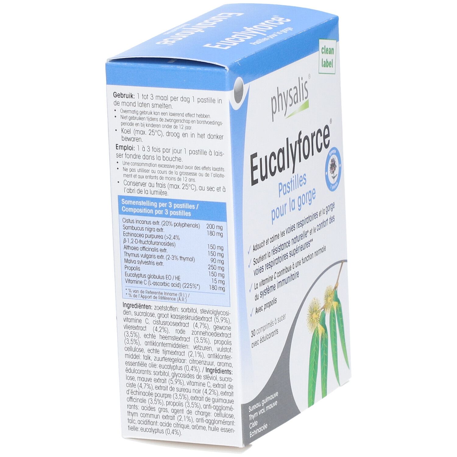 Achterkant van de verpakking met informatie over dosering en ingrediënten. Physalis Eucalyforce keelpastilles. 30 zuigtabletten.