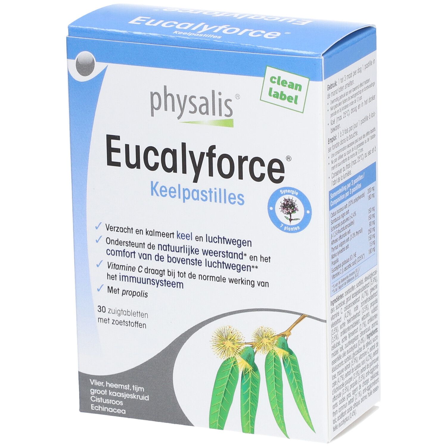 Verpakking Physalis Eucalyforce Keelpastilles. 30 zuigtabletten met zoetstoffen. Met propolis.