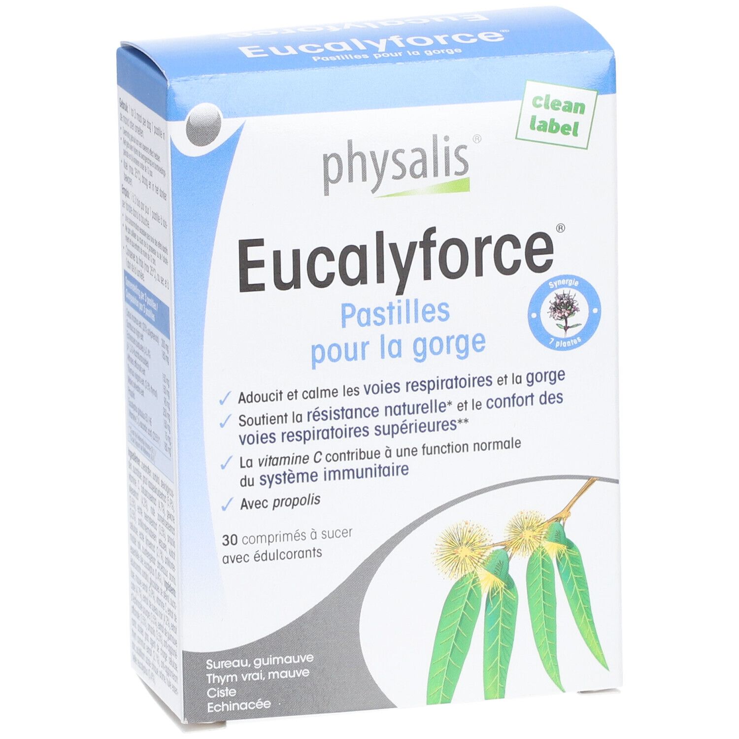 Verpakking Physalis Eucalyforce keelpastilles. 30 zuigtabletten met zoetstoffen. Met propolis.