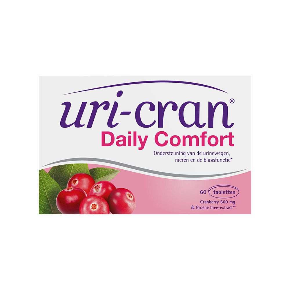 Doos Uri-Cran Daily Comfort. Cranberry 500 mg & Thee-extract. 60 tabletten. Afbeelding van veenbessen en bladeren.
