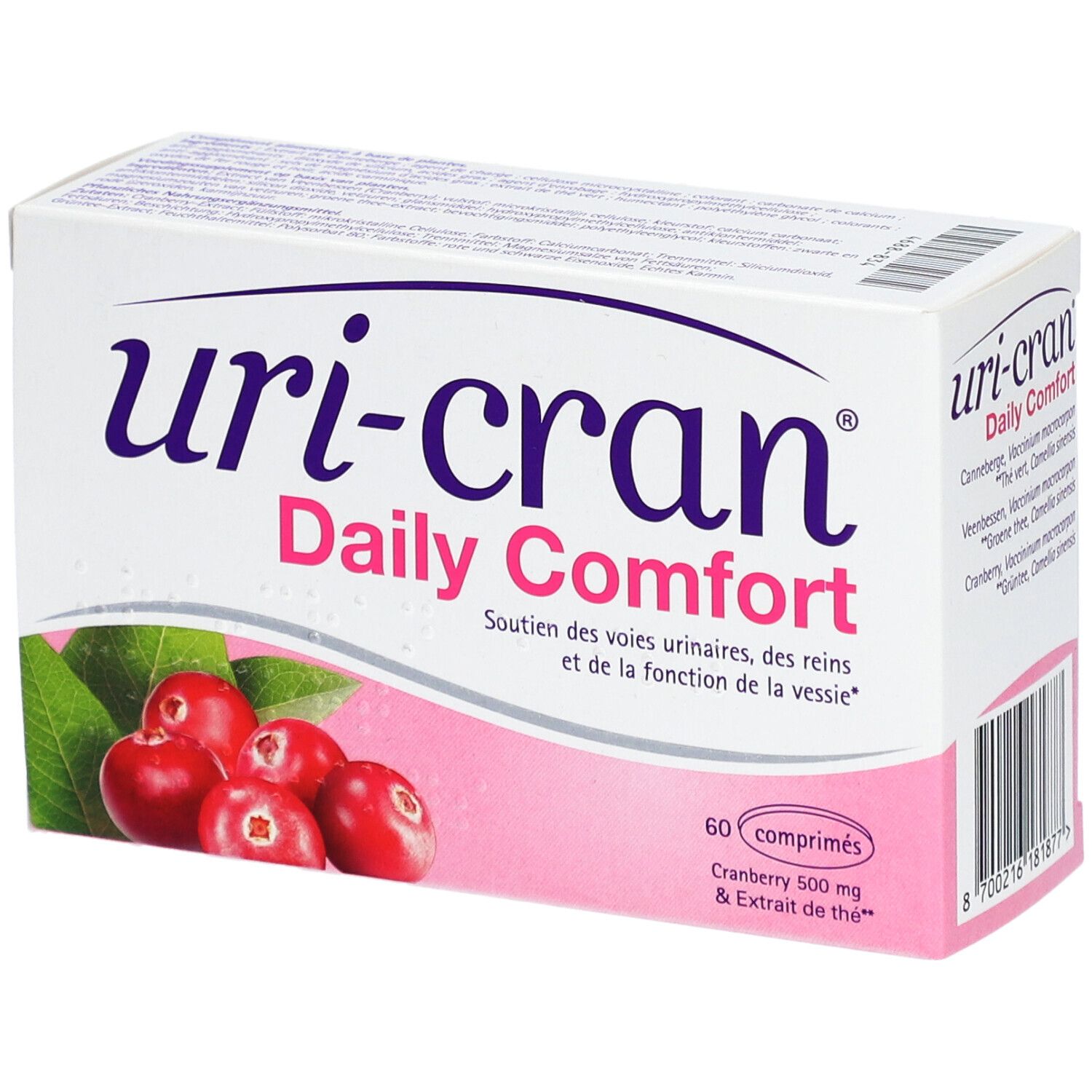 Doos Uri-Cran Daily Comfort. Cranberry 500 mg & Thee-extract. 60 tabletten. Afbeelding van veenbessen en bladeren.