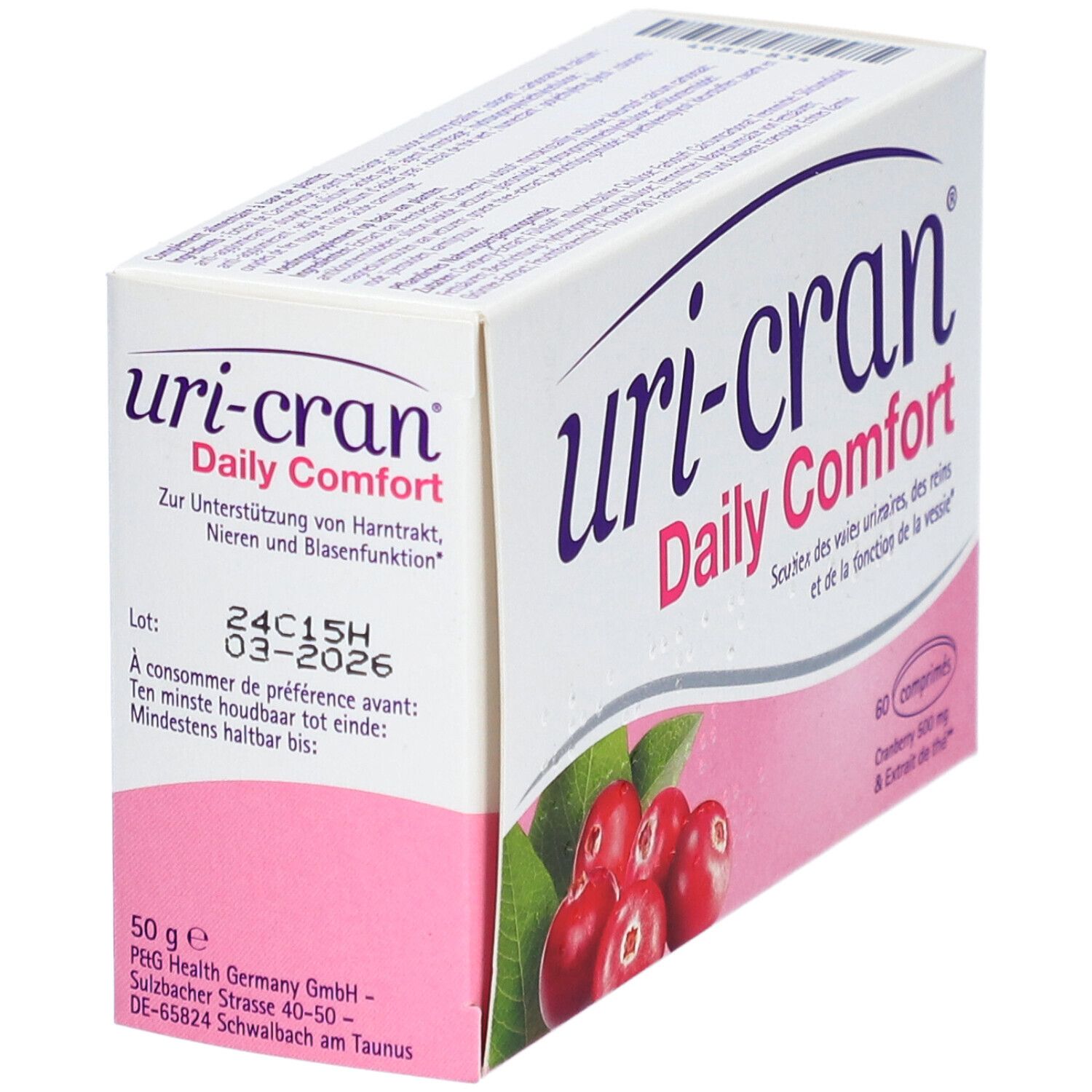 Doos Uri-Cran Daily Comfort. Cranberry 500 mg & Thee-extract. 60 tabletten. Veenbessen en bladeren. Schuine weergave.