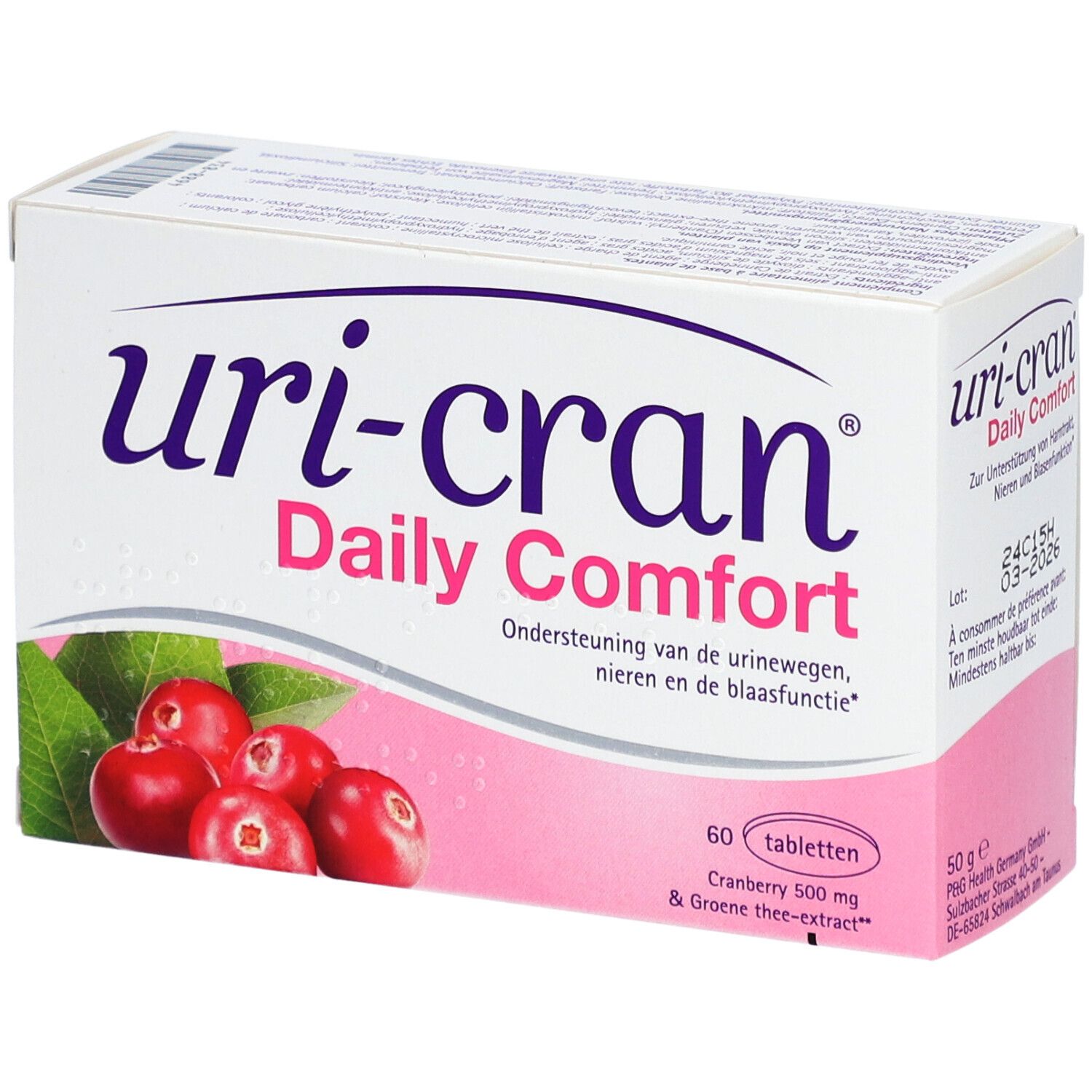 Doos Uri-Cran Daily Comfort. Cranberry 500 mg & Thee-extract. 60 tabletten. Veenbessen en bladeren. Schuine weergave.