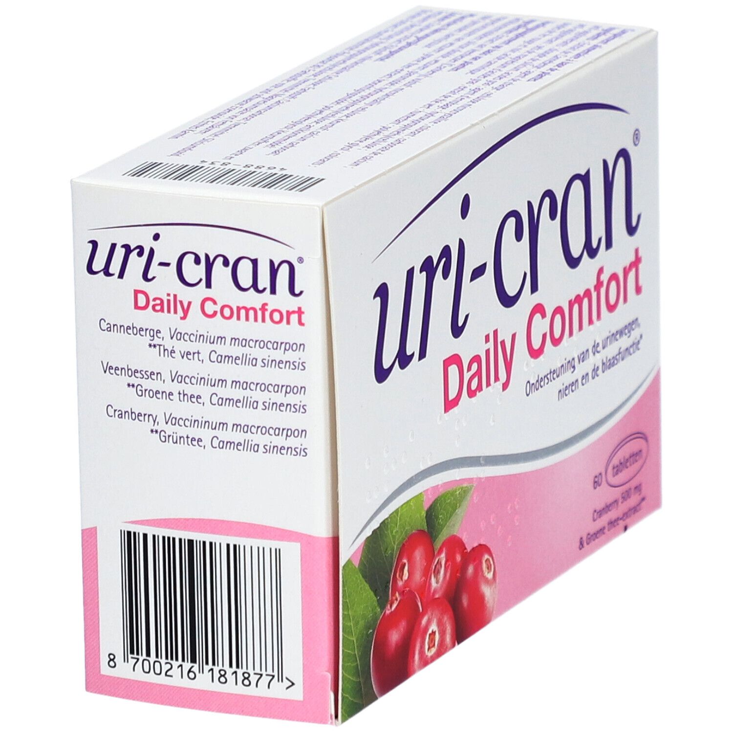 Doos Uri-Cran Daily Comfort. Cranberry 500 mg & Thee-extract. 60 tabletten. Achterkant van de verpakking.
