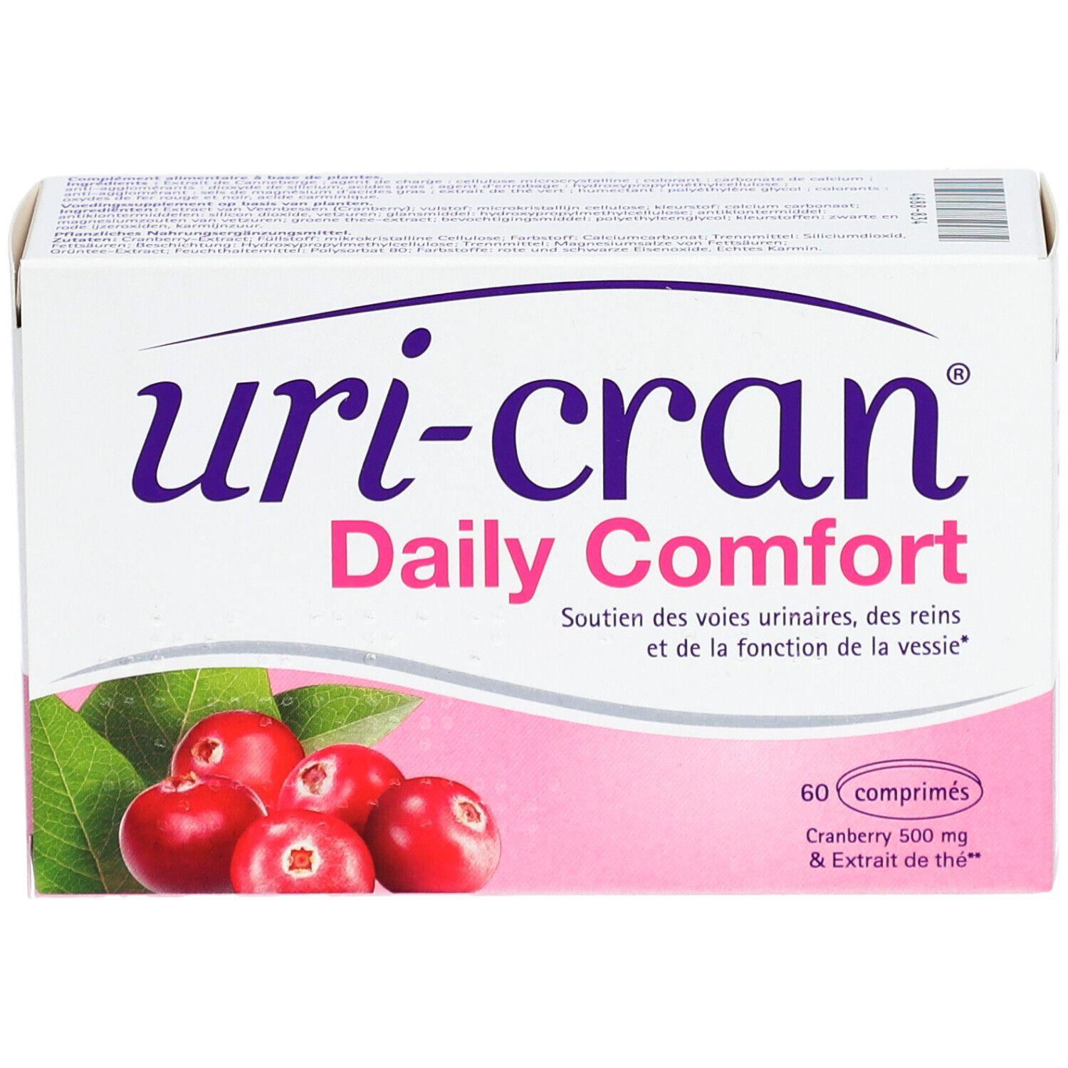 Doos Uri-Cran Daily Comfort. Cranberry 500 mg & Thee-extract. 60 tabletten. Afbeelding van veenbessen en bladeren.