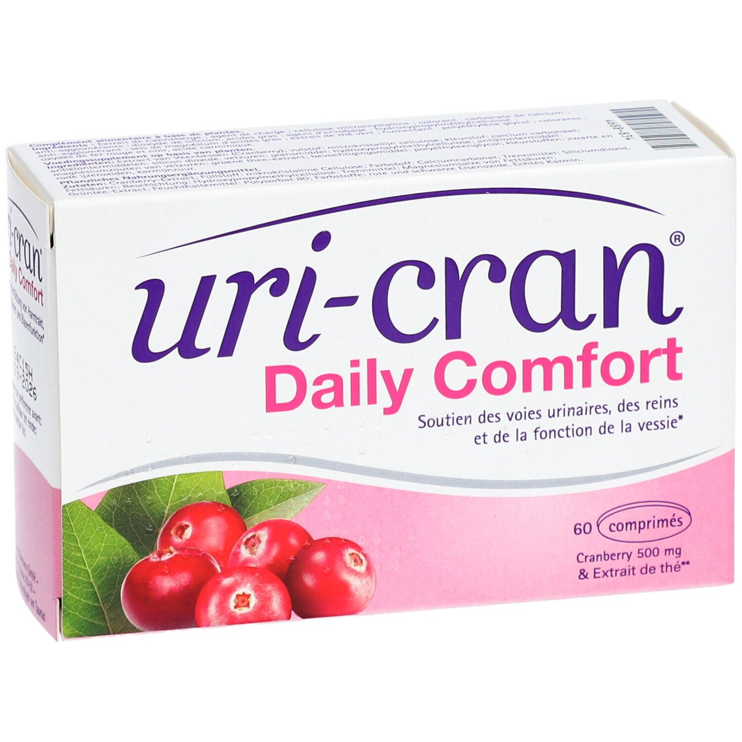 Doos Uri-Cran Daily Comfort. Cranberry 500 mg & Thee-extract. 60 tabletten. Afbeelding van veenbessen en bladeren.