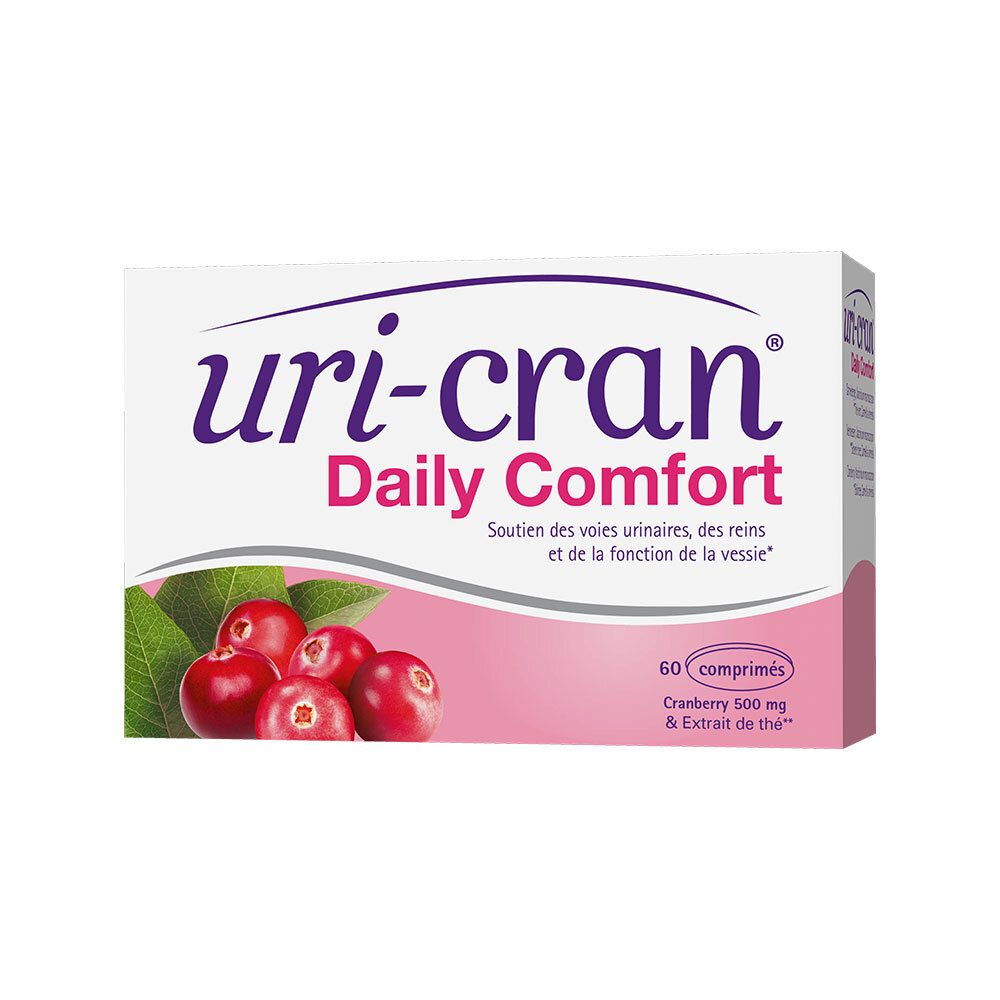 Boîte Uri-Cran Daily Comfort. Cranberry 500 mg & Extrait de thé. 60 comprimés. Image de canneberges et feuilles.